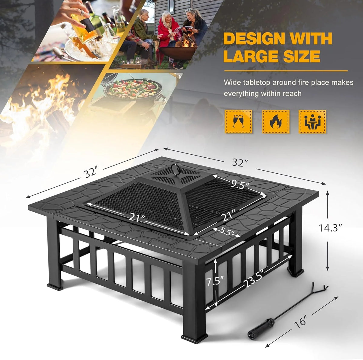Devoko Outdoor Fire Pit, 32 Inch Firepit Table Metal Outdoor Fireplaces with Waterproof Cover for Outside Patio Camping