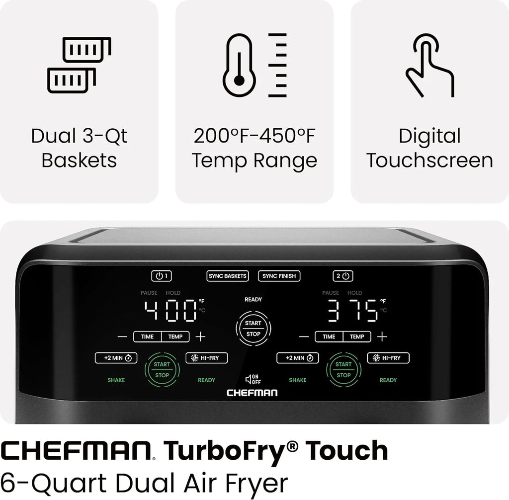 Chefman 6-Quart Dual Basket Air Fryer - Digital Touchscreen, Smart Sync Finish, High-Frying, Auto-Off, 2 Independent 3-Quart Nonstick Pans, Dishwasher-Safe Baskets