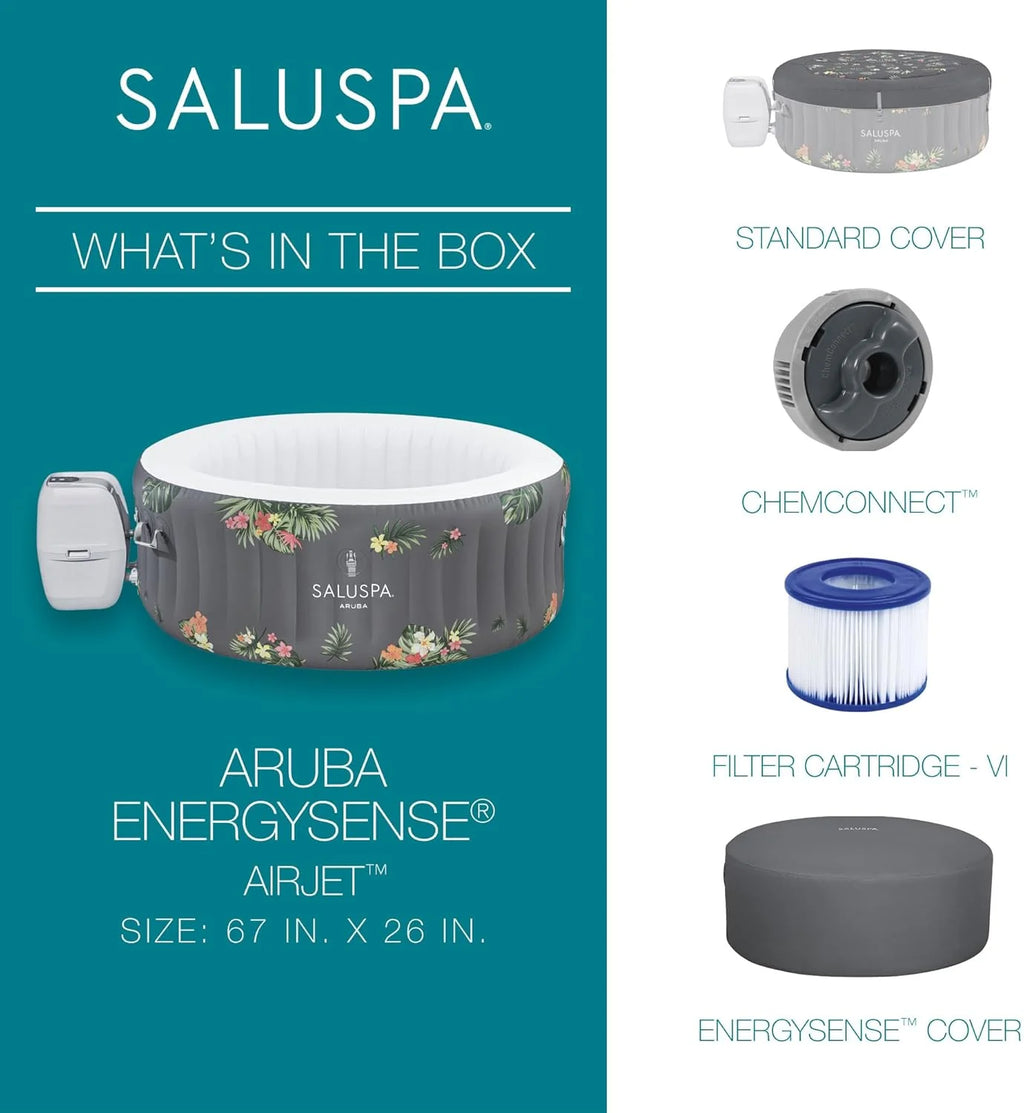 SaluSpa Aruba AirJet Large Round 2 to 3 Person Inflatable Hot Tub Portable Outdoor Spa with 110 AirJets and EnergySense Cover, Grey