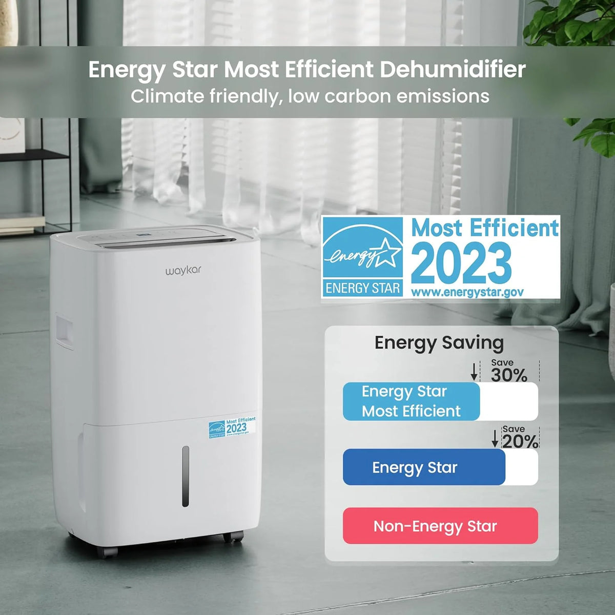 Waykar 2000 Sq. Ft Dehumidifier for Home and Basements, with Auto or Manual Drainage, 0.66 Gallon Water Tank Capacity