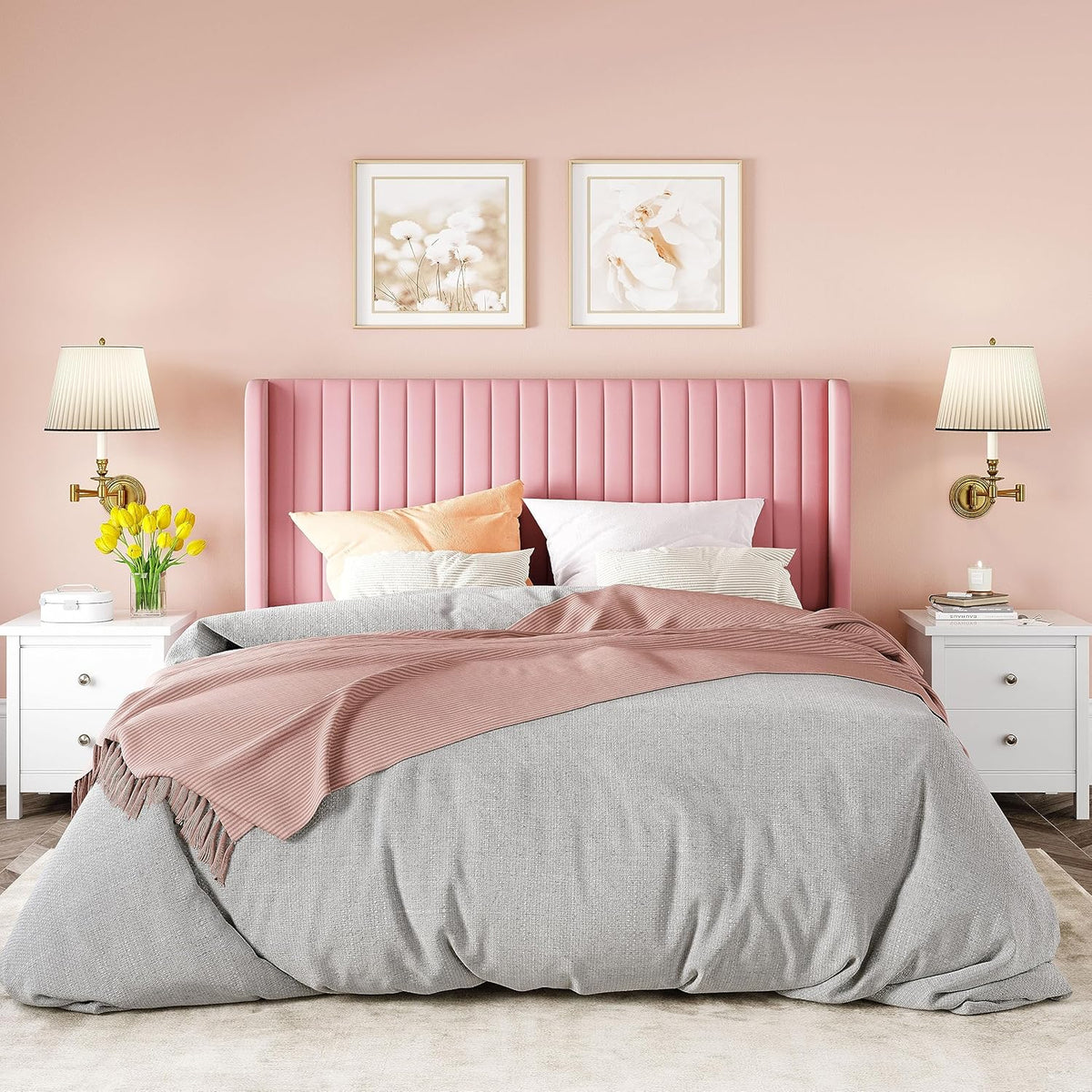 Allewie Full Size Velvet Bed Frame Vertical Channel Tufted Wingback Headboard Upholstered Bed
