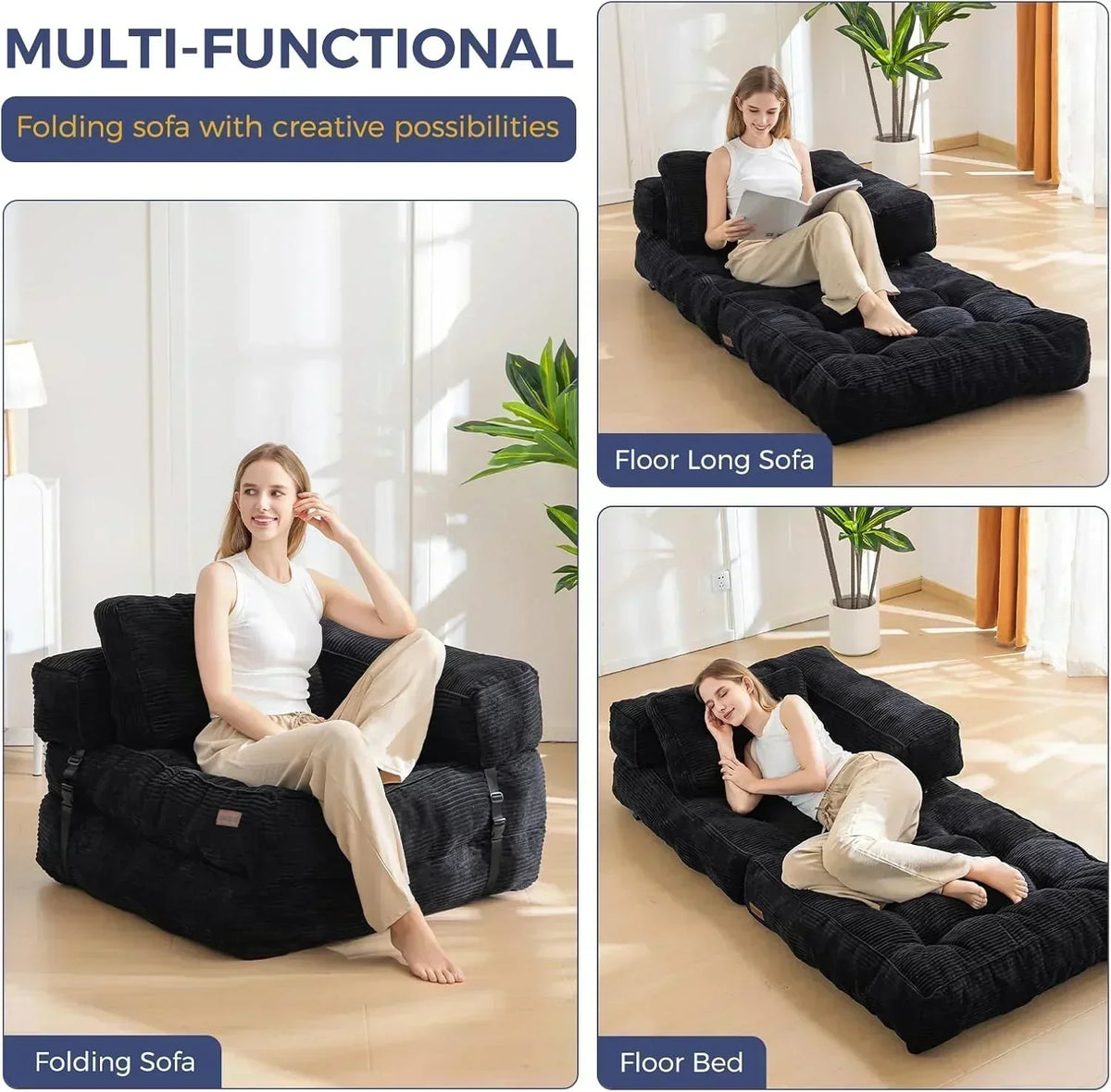 Folding Sofa Bed L-Shaped Convertible Sofa Bed with Armrests and Pillows