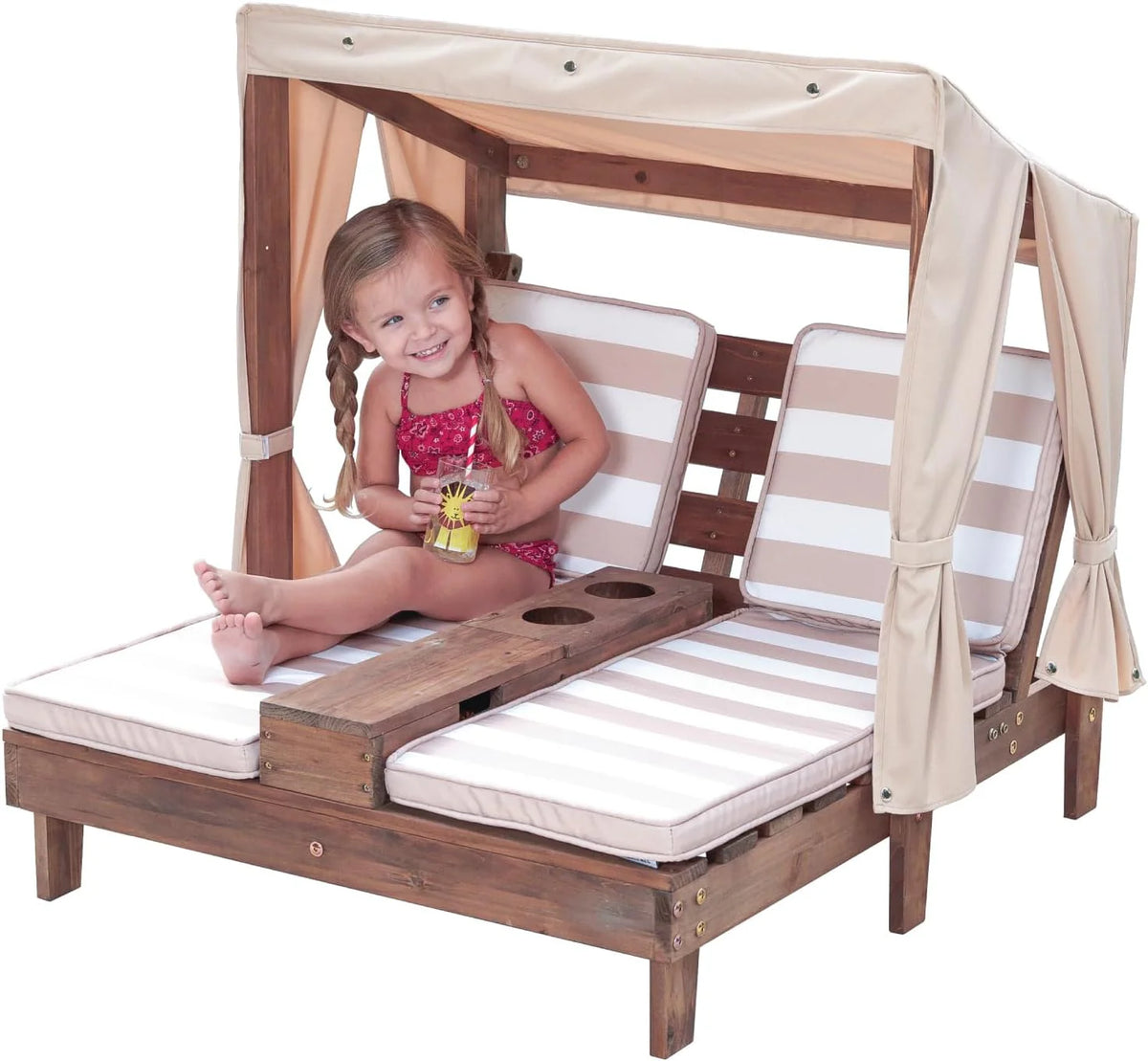 KidKraft Wooden Outdoor Double Chaise Lounge with Cup Holders, Kid's Patio Furniture, Honey with Navy and White Striped Fabric, Gift for Ages 3-8