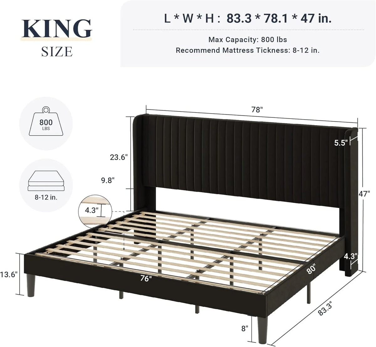 Allewie Full Size Velvet Bed Frame Vertical Channel Tufted Wingback Headboard Upholstered Bed