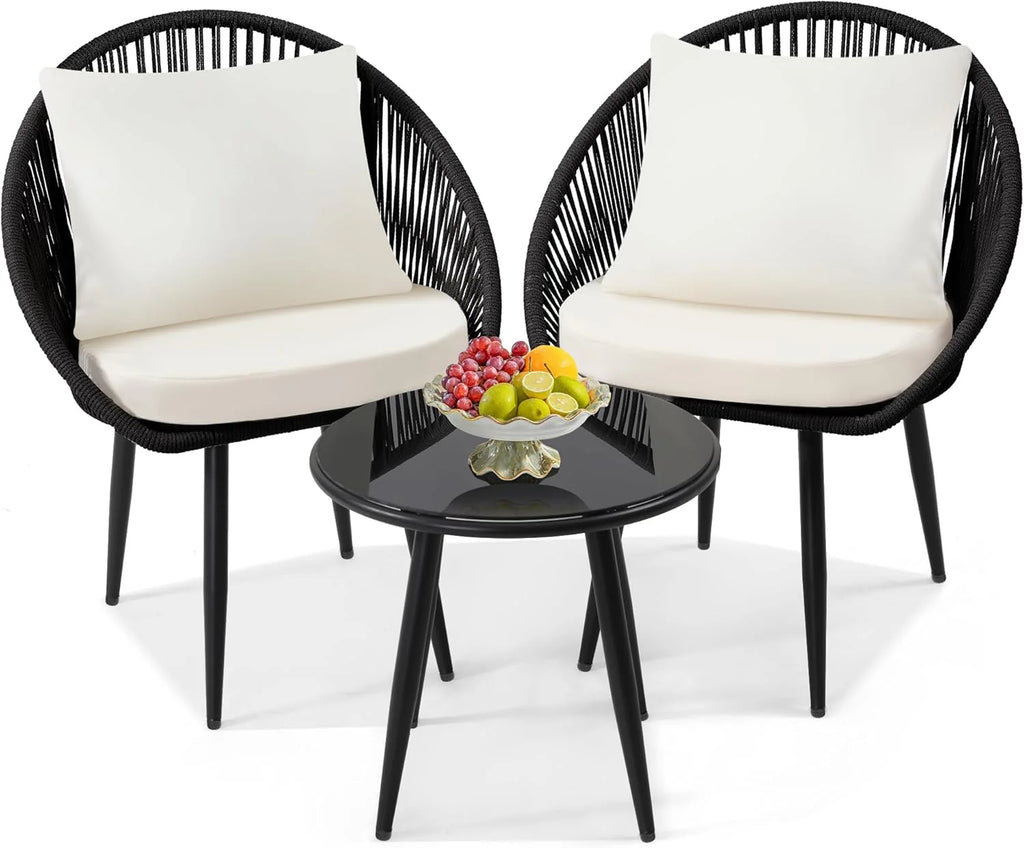 3 Piece Bistro Set, Woven Rope Chair with Cushions, All Weather Patio Conversation Set with Side Table, Ideal for Deck, Balcony, Poolside, Black