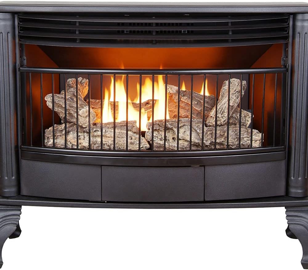 Vent-free 25000 BTU space-saving freestanding dual-fuel fireplace with thermostat control