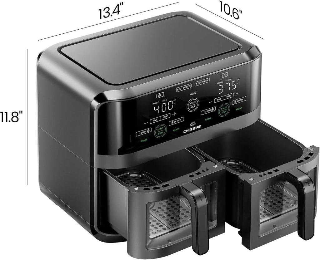 Chefman 6-Quart Double Basket Air Fryer with Easy View Window uses two separate 3-quart nonstick pans.