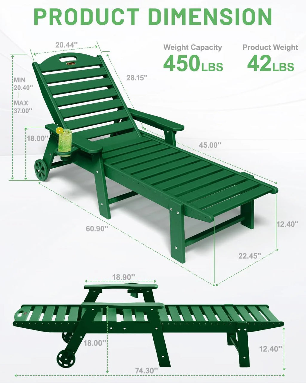Lounge Chair Outdoor, Chaise Lounge, HDPE 6-Position Outdoor Chaise Lounge, Patio Lounge Chair with Wheels & Cup Holder for Pool Poolside Deck Backyard, Teak