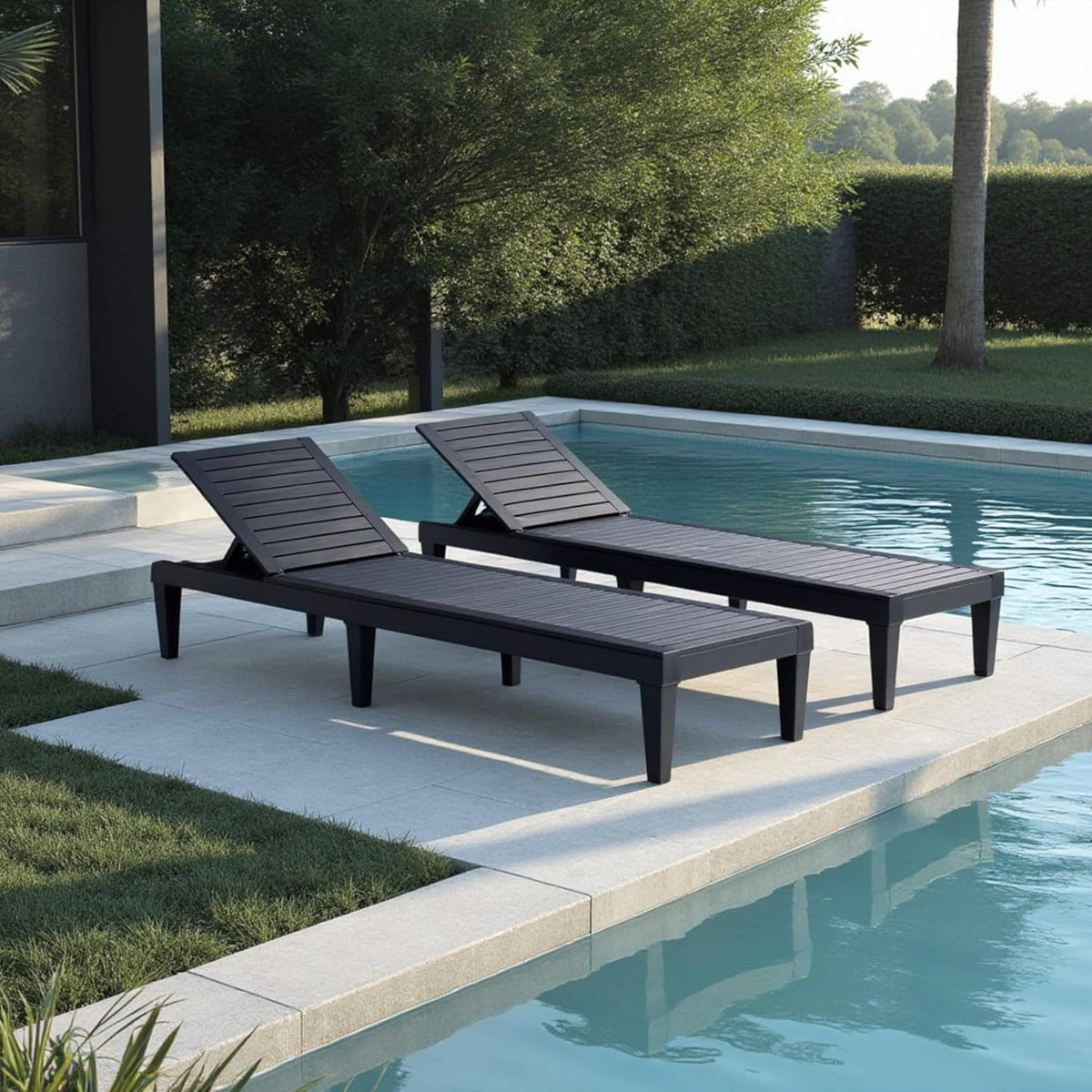 Patio Chairs - Black Chaise Lounge Chair Outdoor 5-Position Adjustable Sun Tanning Chair Waterproof Pool Lounge Chairs Set of 2 Reclining Lawn Chair, Lightweight Outdoor Lounge Chairs