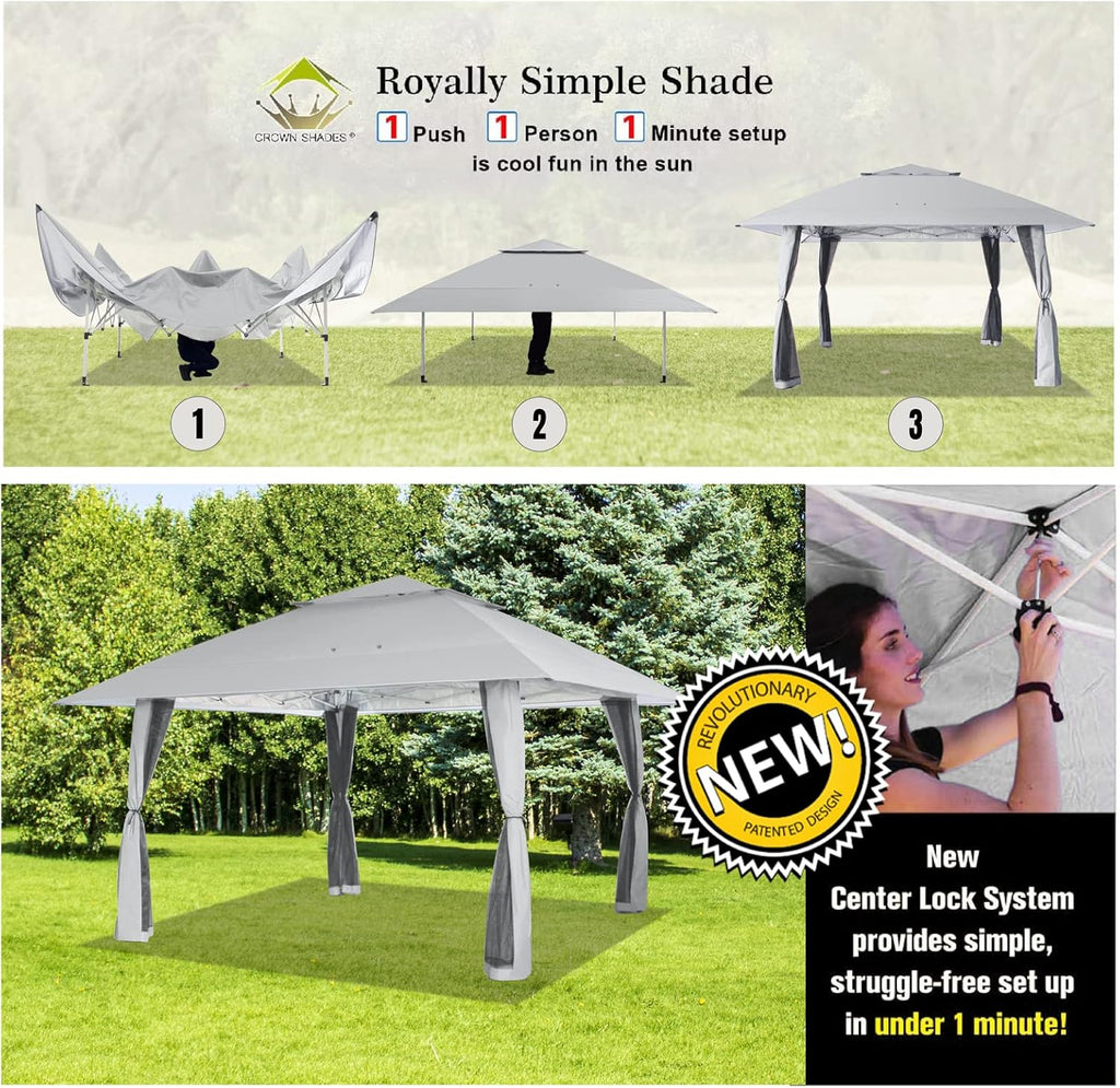 CROWN SHADES 13x13 Pop Up Gazebo, Canopy Tent, Gazebos on Clearance - Outdoor Gazebo for Backyard & Patio Furniture - Carpa Pop Up Tent with Wheeled STO-N-Go Cover Bag (White)