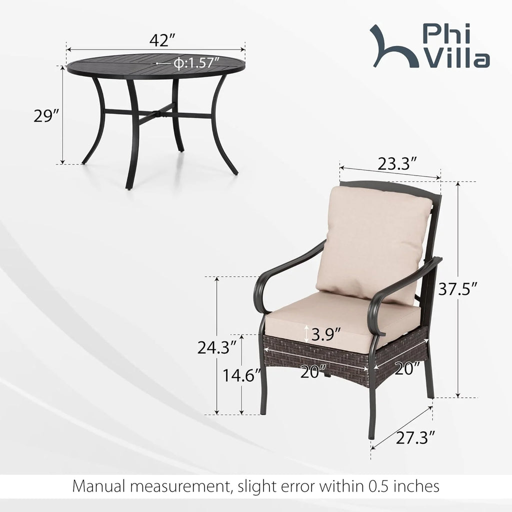 PHI VILLA 6-Piece Outdoor Dining Sets, All-Weather Patio Table and Chairs Set with Umbrella for 4, Heavy Duty Patio Round Table Set for Deck, 4 Extra Large Outdoor Swivel Chairs with Thick Cushions