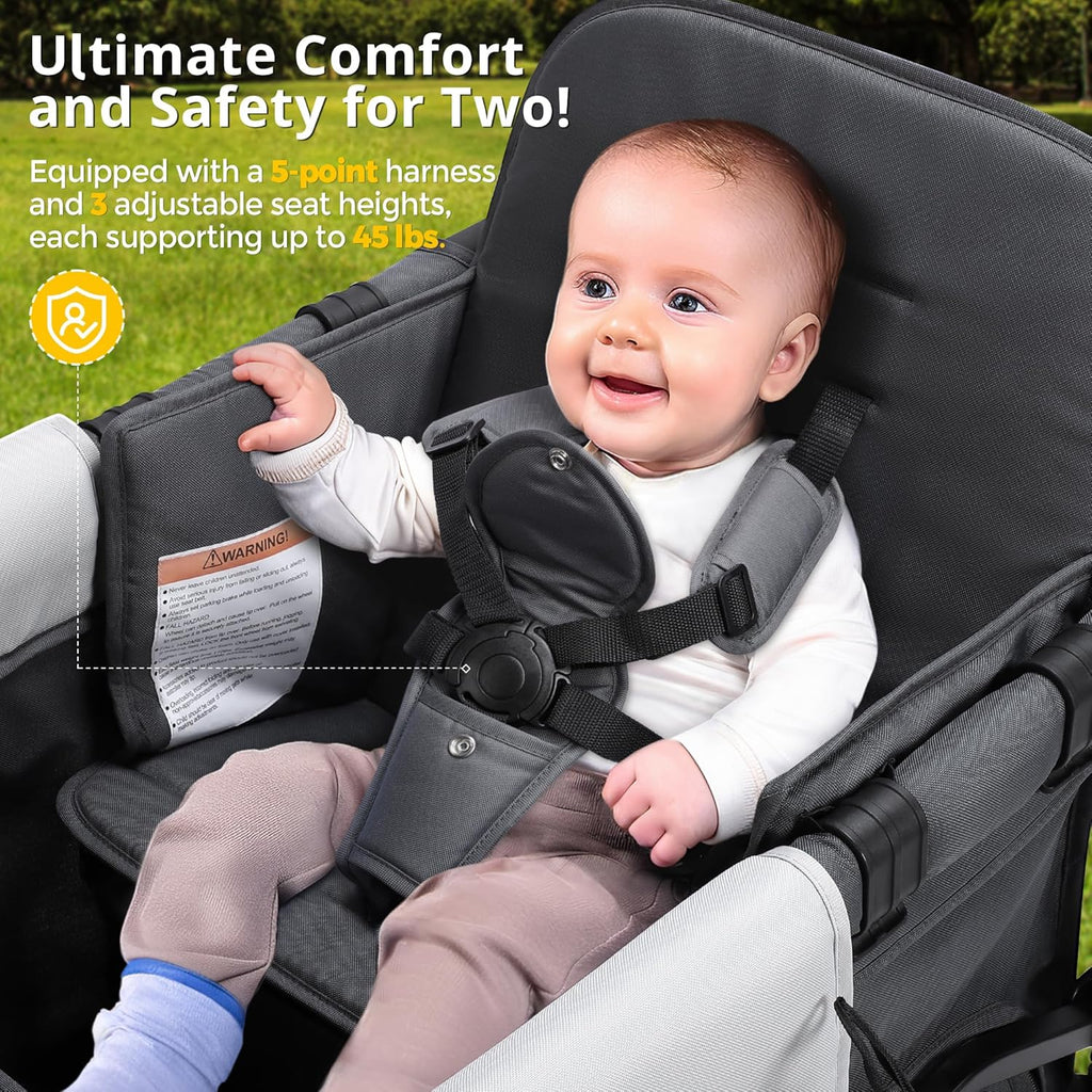 Stroller Wagon for Kids, Wagon Stroller Toddlers 2 Seaters, All-Terrain Baby Wagon Outdoor with Canopy, Parent Organizer, Adjustable Handle & Pull Bar for Infants and Toddlers, Gray
