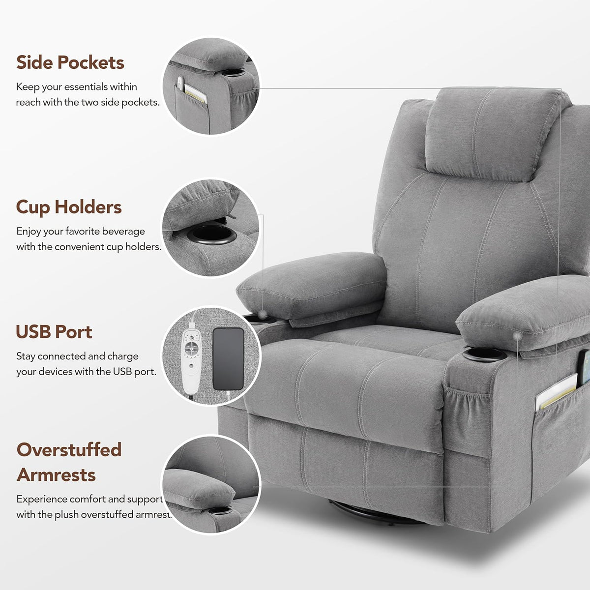 Large Swivel Rocking Recliner with Heating and Massage Function, 360 Degree Swivel Rocking Single Sofa