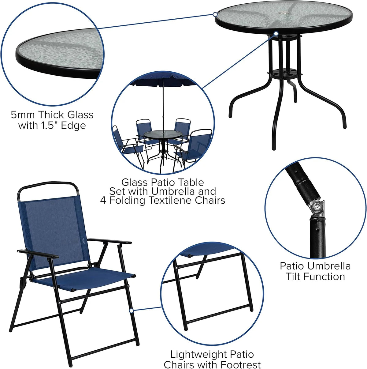 EMMA + OLIVER 6 Piece Brown Patio Garden Set with Umbrella Table and Set of 4 Folding Chairs