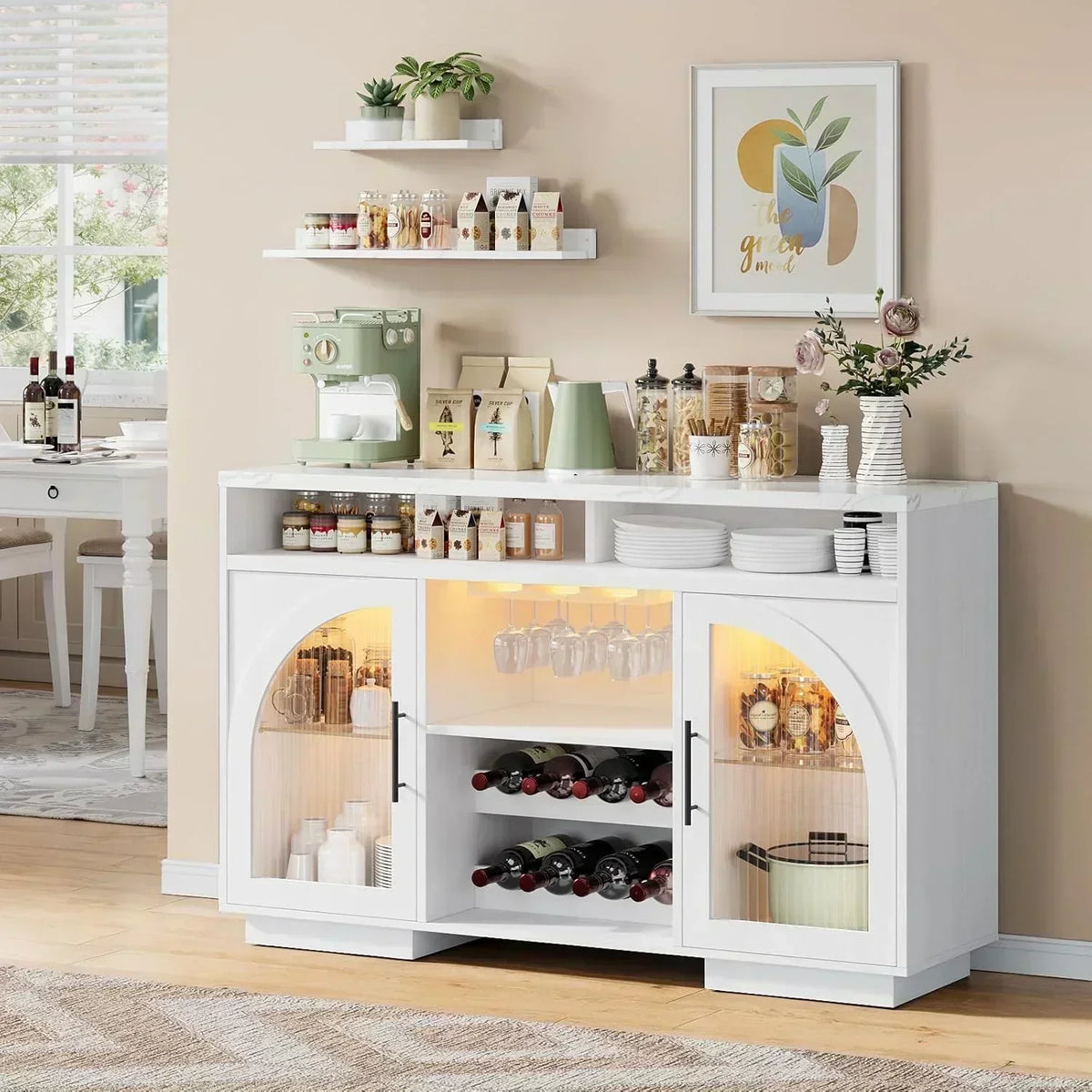 Sideboard 54-inch kitchen cabinet with LED lights and arched glass doors tall bar cabinet