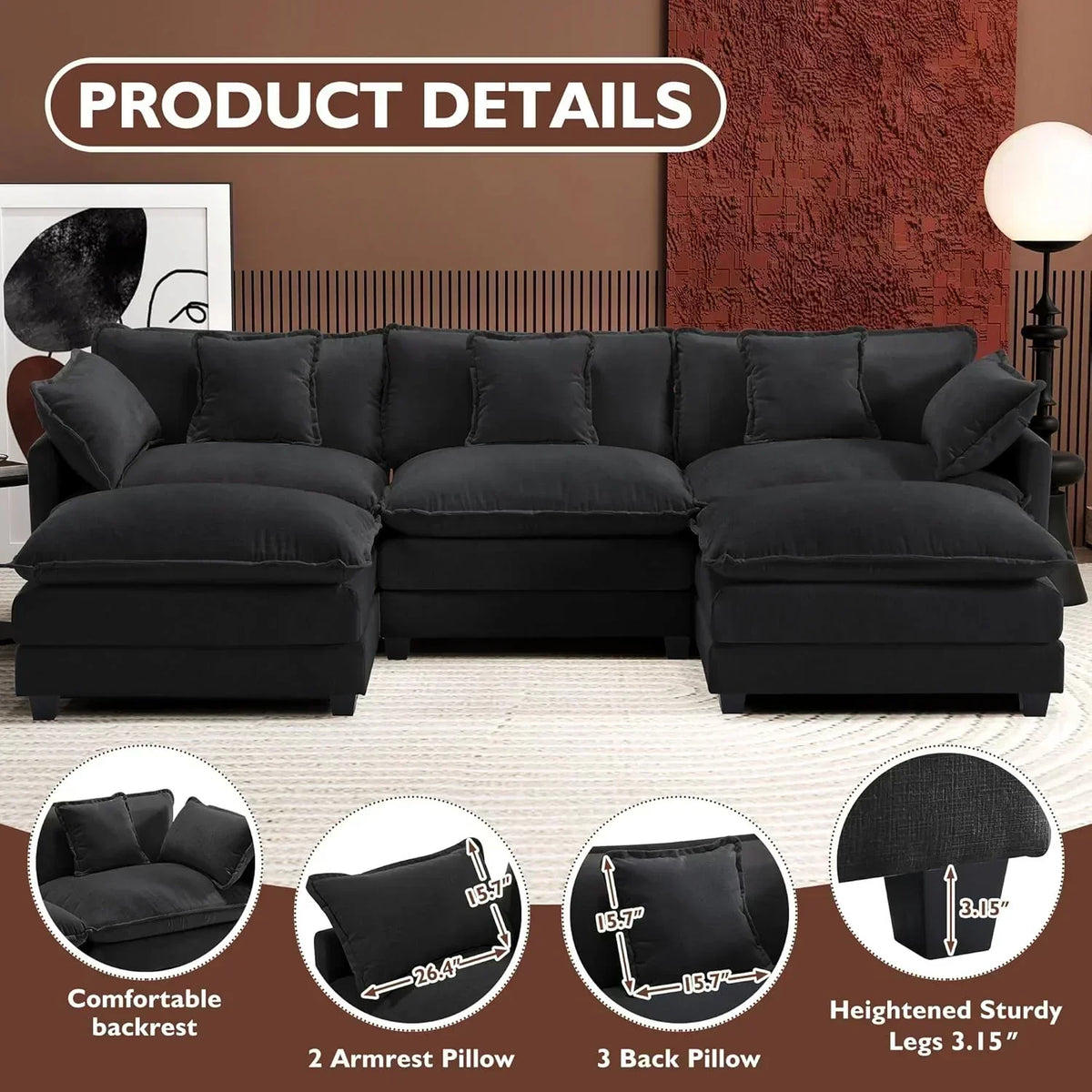 111.4 Inch L Shaped Modern Sofa Modular Cloud Sofa with Ottoman 4 Seater Chenille Deep Seat Sofa