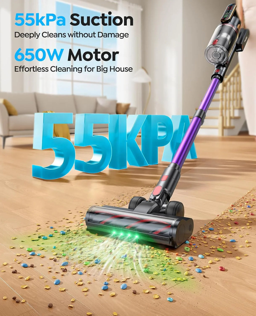 Cordless Vacuum Cleaner 55KPa 650W 70Mins Stick Vacuum Cleaners for Home with Pet Brush, 3.3Ft Hose, Wall Mount Charging, Auto Mode, Touchscreen, Self-Standing Vacuum for Pet Hair/Carpet/Car, Ultra10