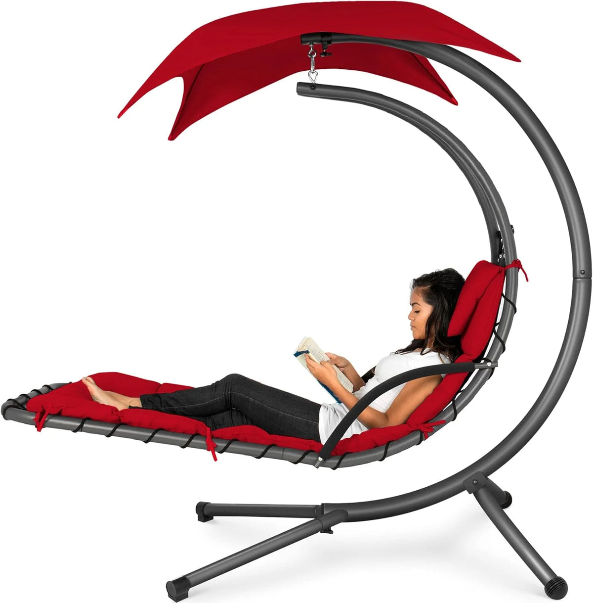 Best Choice Products Outdoor Hanging Curved Steel Chaise Lounge Chair Swing w/Built-in Pillow and Removable Canopy - Teal