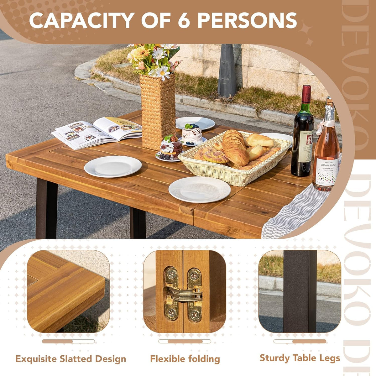 Devoko Home Acacia Wood Dining Table 6-Person Indoor Outdoor Table with Iron Legs, Sandblast Finish, Natural Stained, Rustic Metal, 69 * 33 * 30 inch (Natural)