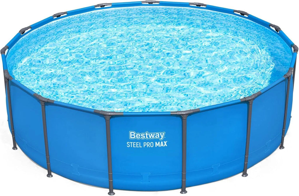 Steel Pro MAX 14 Foot x 48 Inch Round Metal Frame Above Ground Outdoor Swimming Pool Set with 1,000 Filter Pump, Ladder, and Cover, Gray