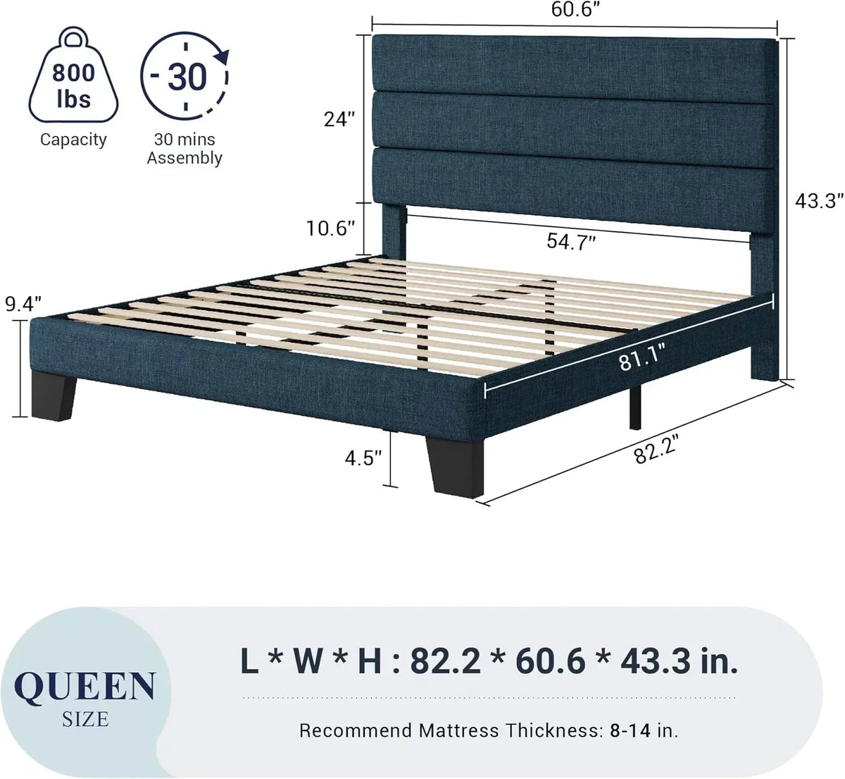 Allewie Queen Size Platform Bed Frame with Fabric Upholstered Headboard Wooden Slats Support