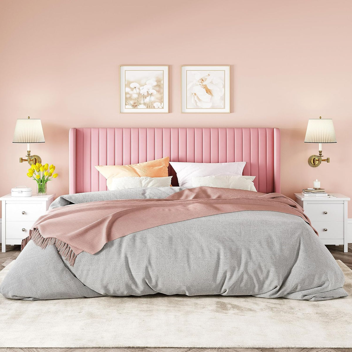 Allewie Full Size Velvet Bed Frame Vertical Channel Tufted Wingback Headboard Upholstered Bed