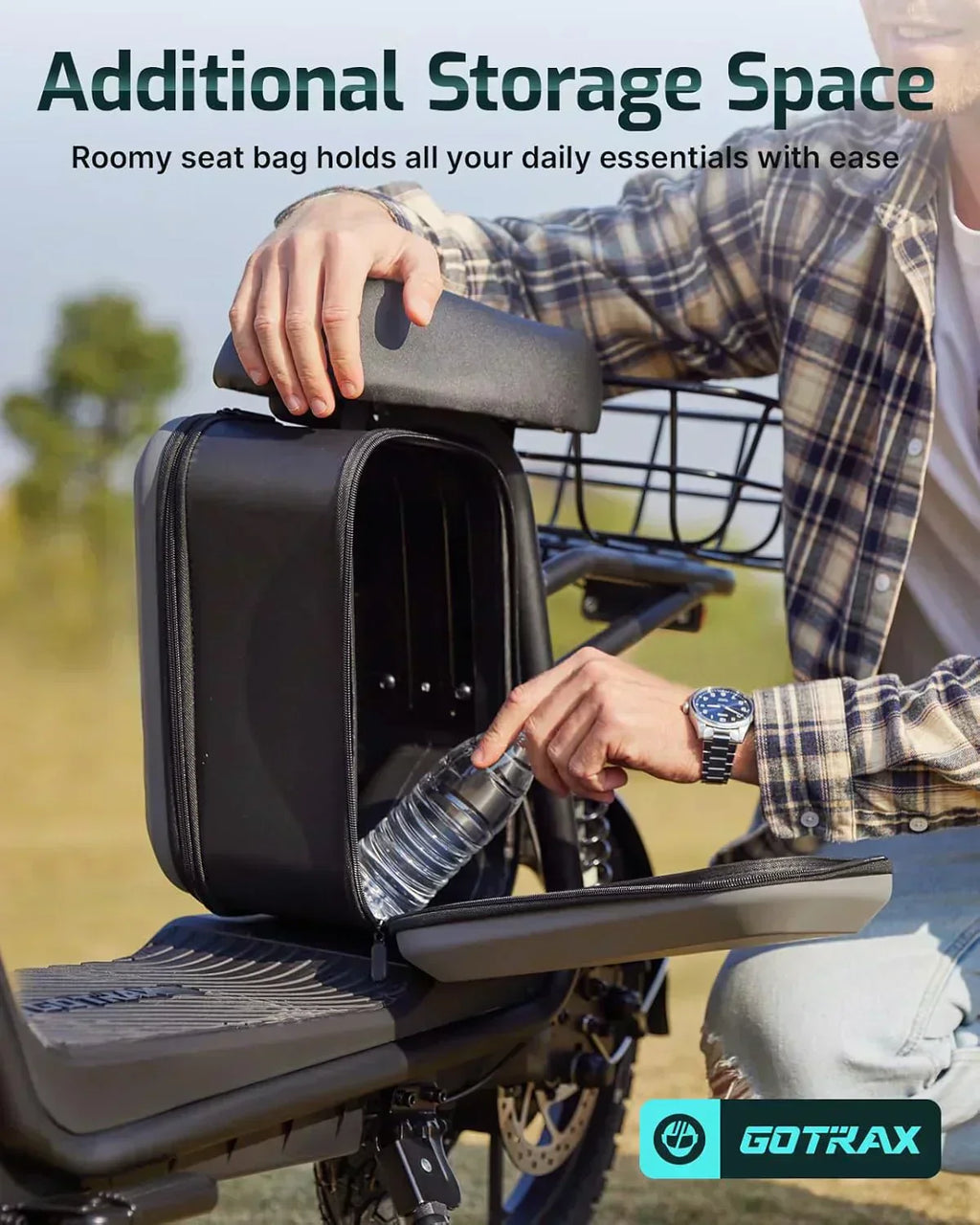 Gotrax adult electric scooter with seat maximum range of 19-25 miles all-terrain tires wide pedals