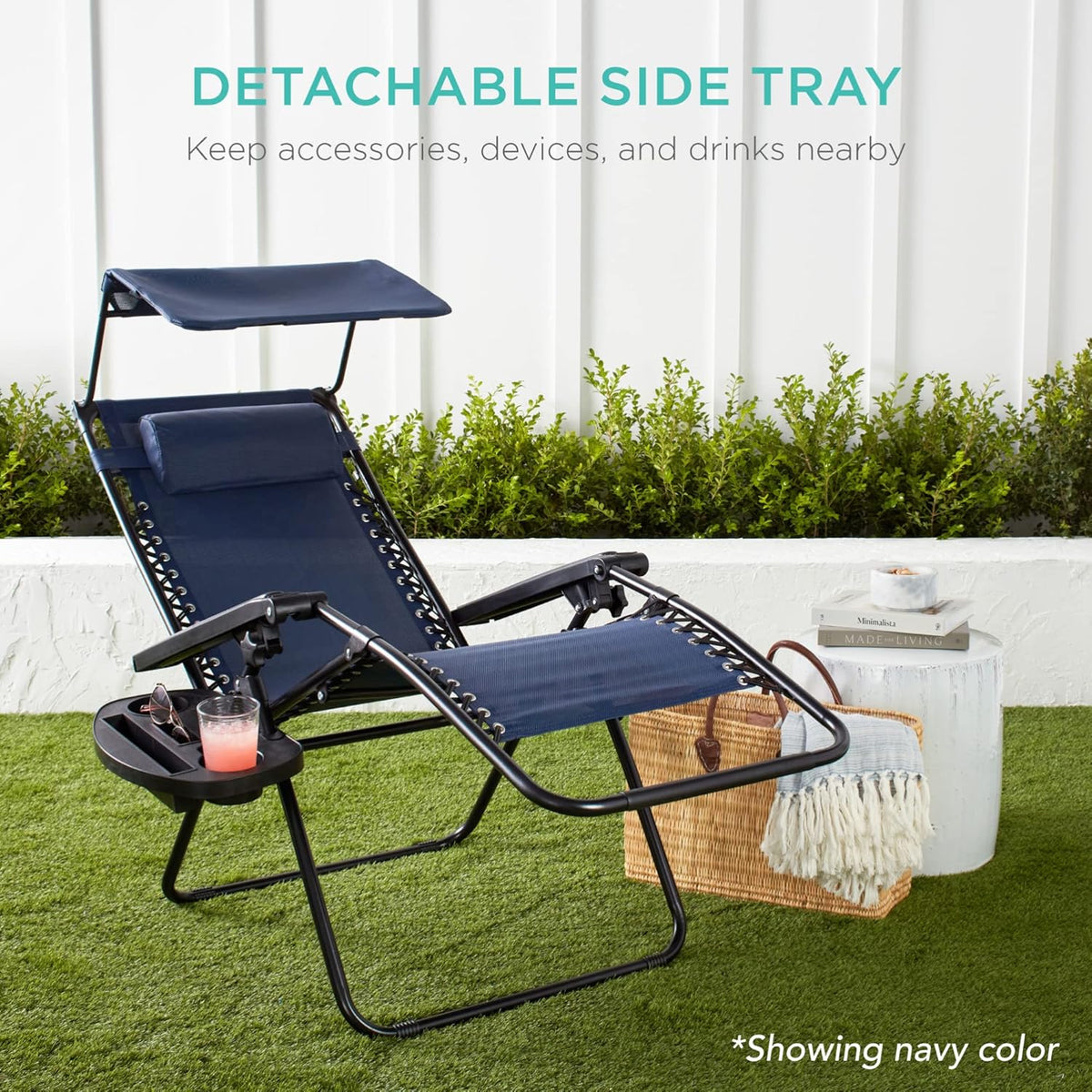 Best Choice Products Folding Zero Gravity Outdoor Recliner Patio Lounge Chair w/Adjustable Canopy Shade, Headrest, Side Accessory Tray, Textilene Mesh - Peacock Blue