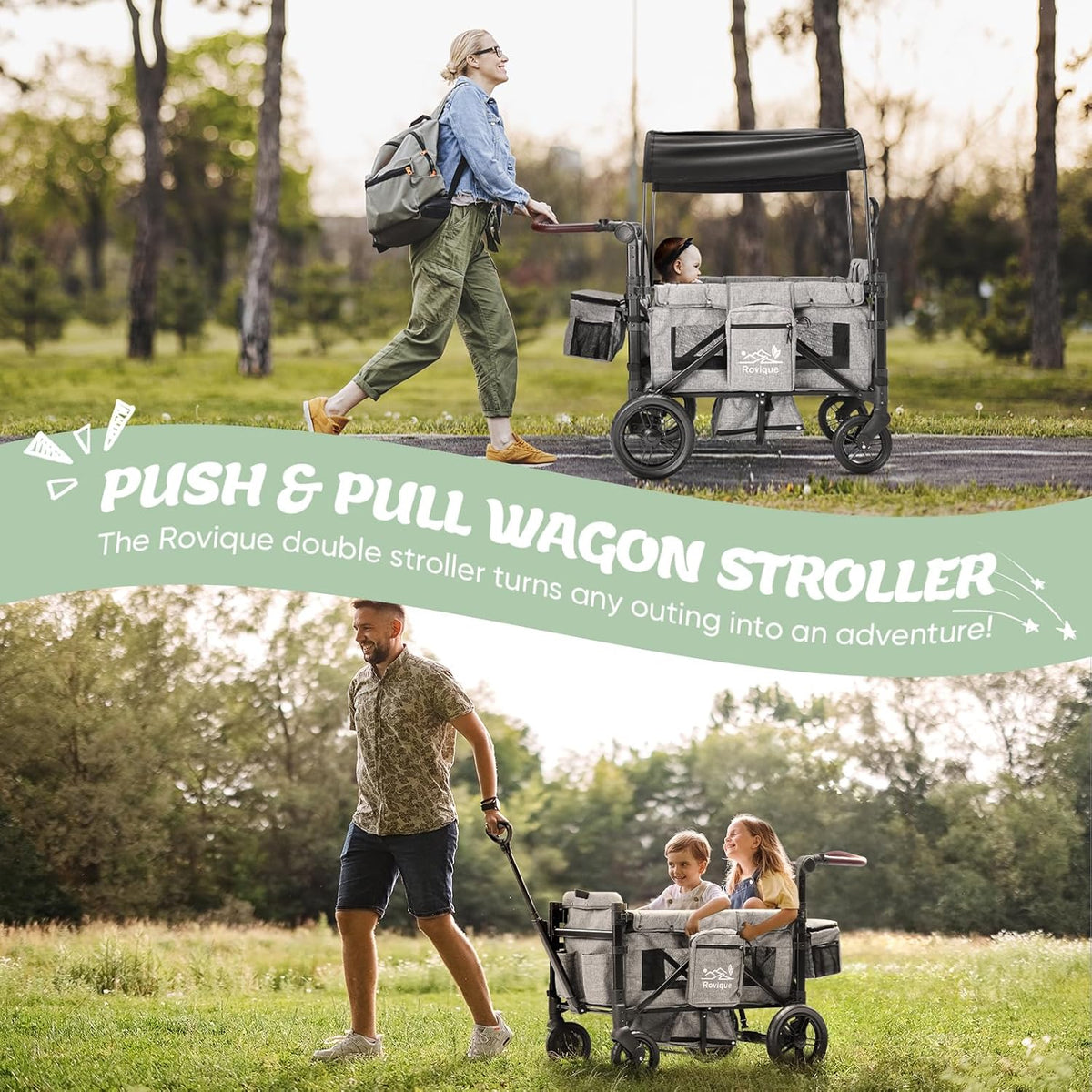 Wagon Stroller for 2 Kids,Premium Wagon for Kids with Removable Canopy, Snack Tray, Convertible Baby Bassinet, 5-Point Safety Harness, All-Terrain PU Wheels & Adjustable Push/Pull Handle,Grey