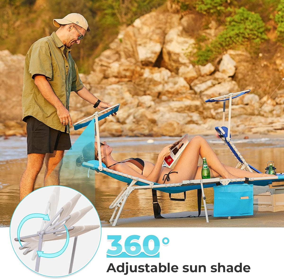 2 Pack Outdoor Chaise Lounge Chair - Portable Folding Patio Pool Lounge Chair, 5 Positions Adjustable Reclining Camping Chair with Side Table,Shoulder Strap, Pillow for Beach Sunbathing Lawn