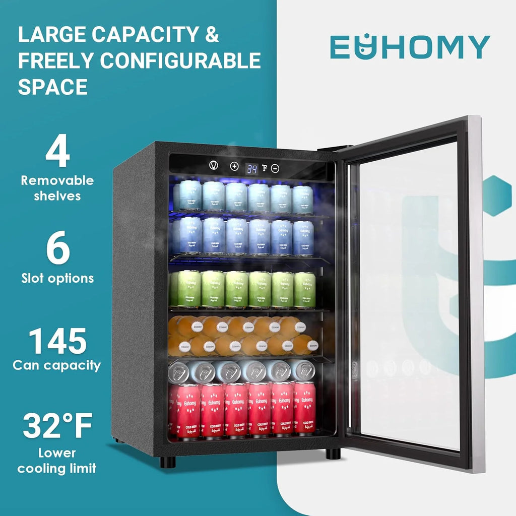 EUHOMY Beverage Refrigerator Cooler, 130 Can Mini Fridge with Glass Door for Soda Beer or Wine, Beverage Cooler for Home, Office, Bar with Adjustable Removable Shelves, Silver