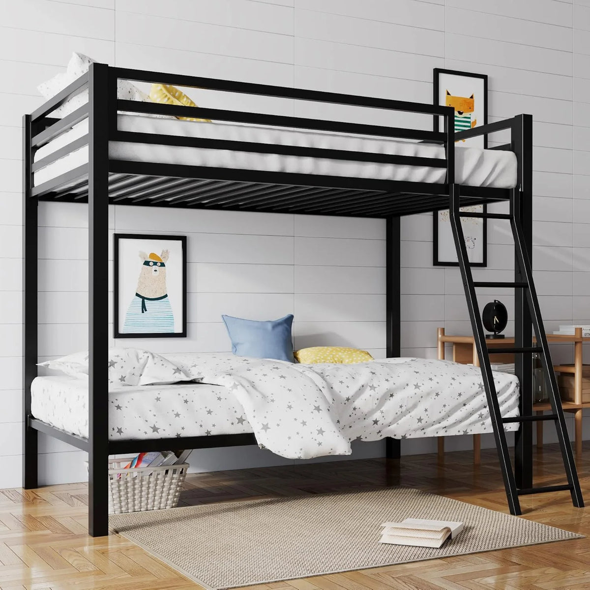 SHA CERLIN Loft Bunk Bed Twin Over Twin Size with Ladder and Guardrail Metal Slats Support