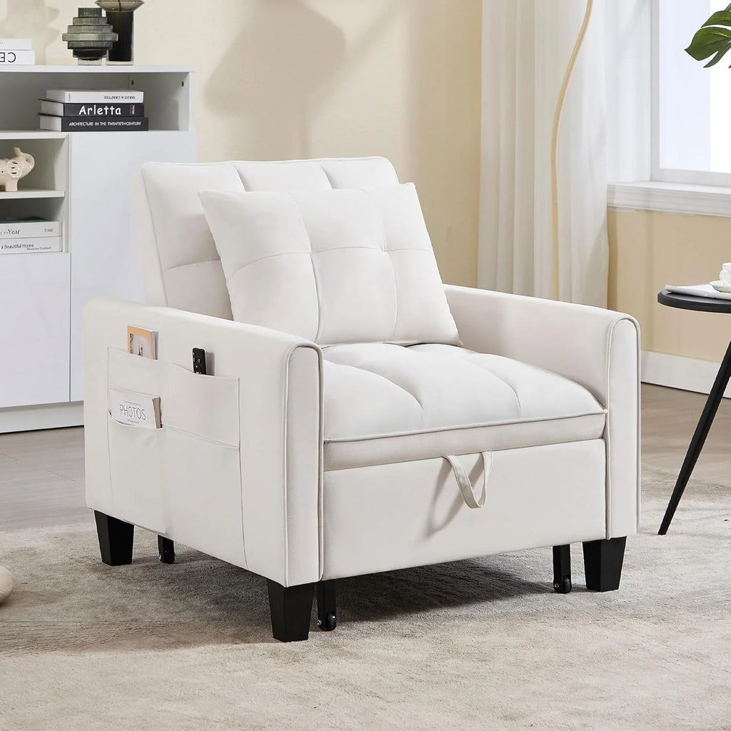 Convertible Sleeper Chair, 3 in 1 Sleeper Chair Bed Pull Out Sofa Bed Chairs, Velvet Single Sofa with Adjustable Backrest