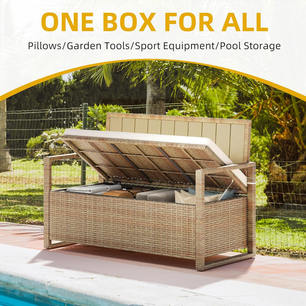 DWVO 70Gal Outdoor Storage Bench with Cushion & Composite Wood Backrest, All-Weather Wicker Deck Bench with Rustproof Bag, Poolside, Patio, Garden (Sand Beige)