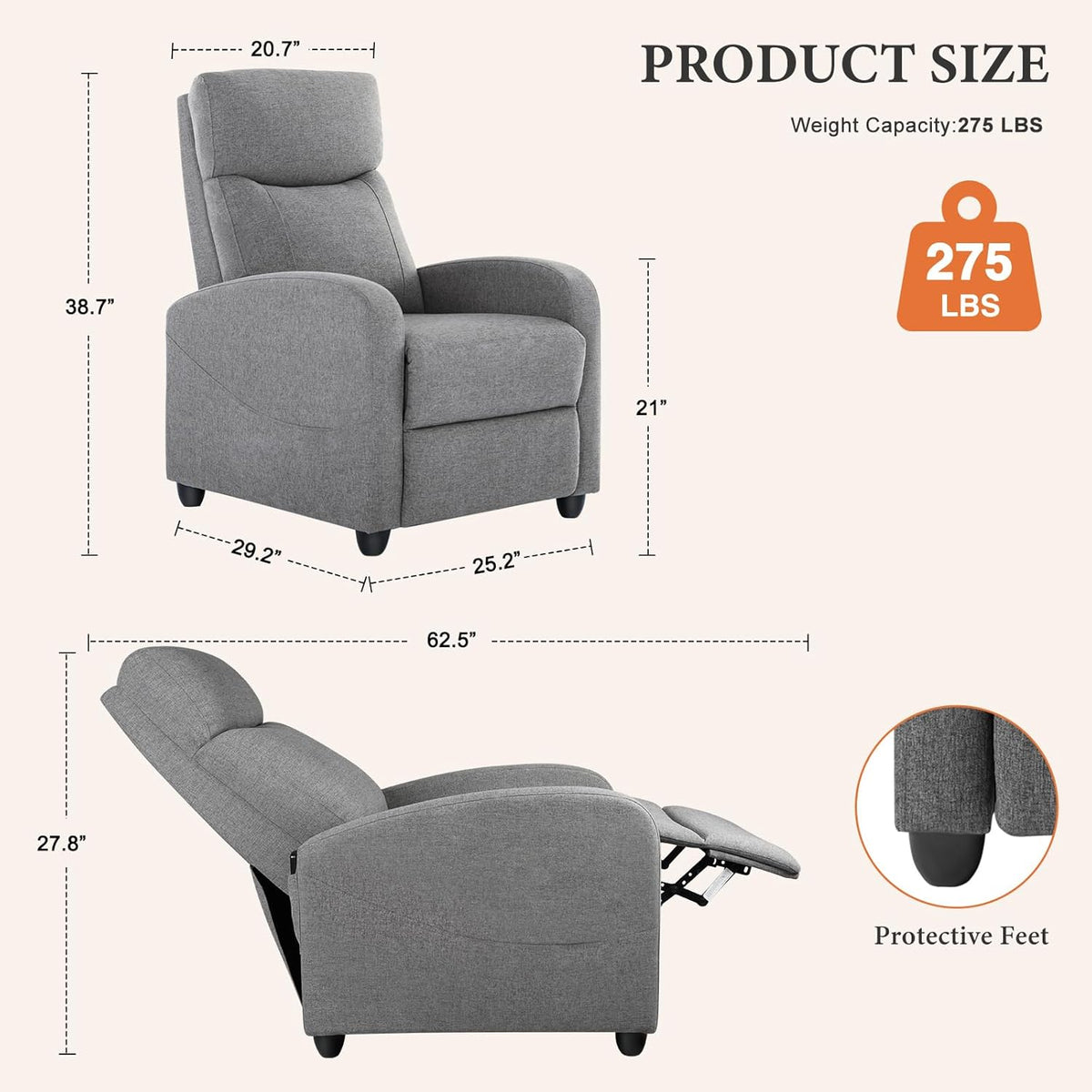 Sweetcrispy Massage Recliner Chair for Adults, Adjustable Home Theater Seating with Lumbar Support for Living Room, Modern Fabric Reclining, Light Grey