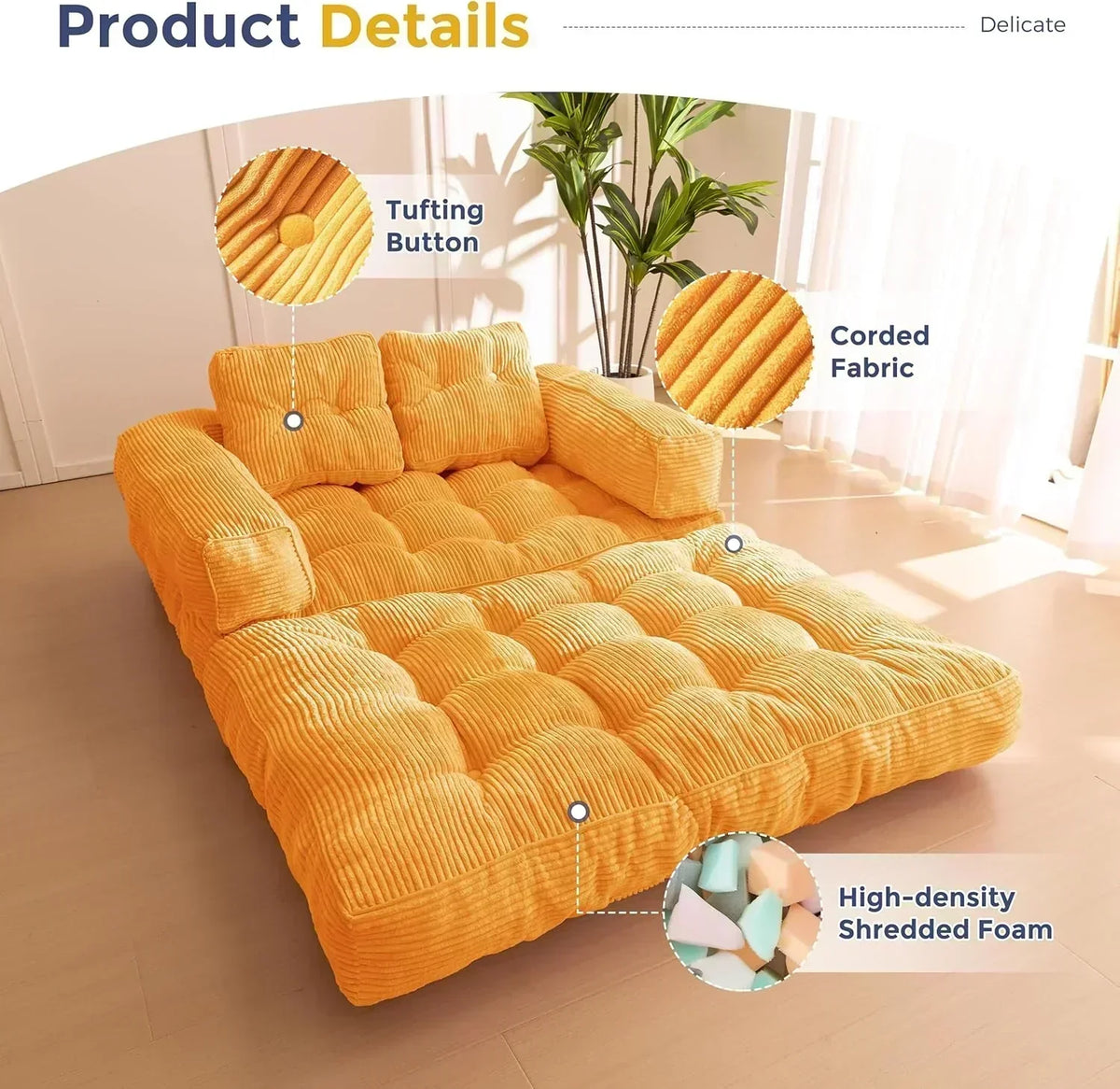 Folding Sofa Bed L-Shaped Convertible Sofa Bed with Armrests and Pillows