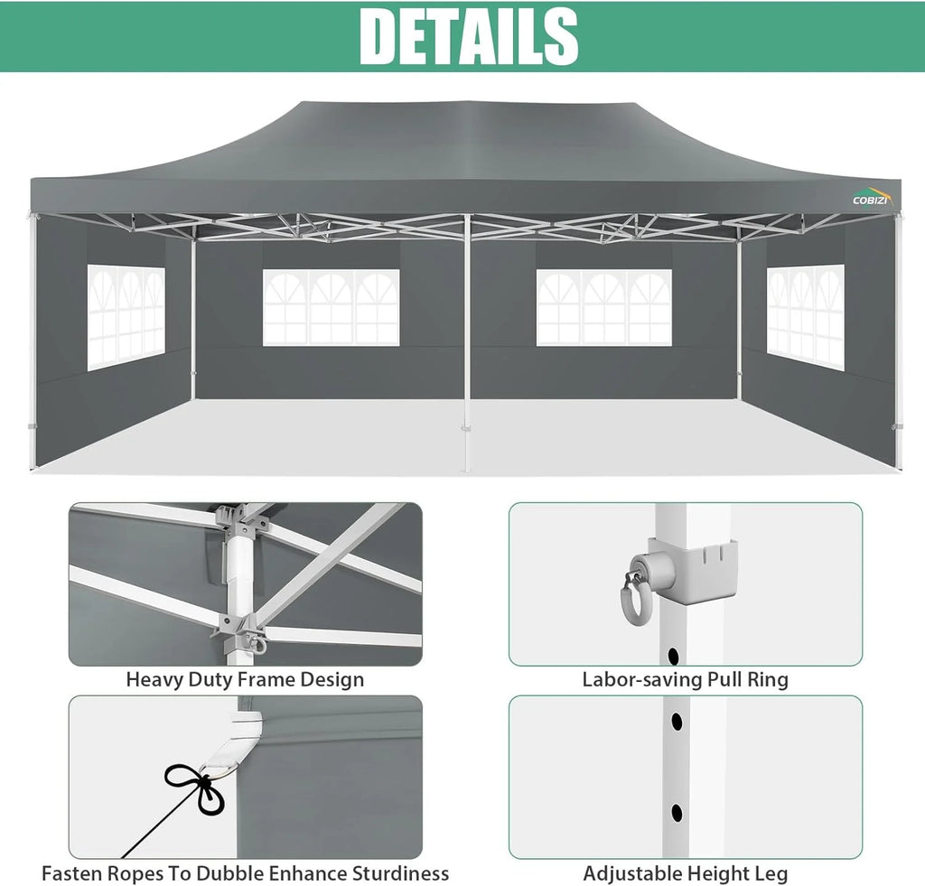 COBIZI 10x20 Heavy Duty Pop up Canopy Tent with 6 sidewalls Easy Up Commercial Outdoor Canopy Wedding Party Tents for Parties All Season Wind & Waterproof Gazebo with Roller Bag,Black(Frame Thickened)