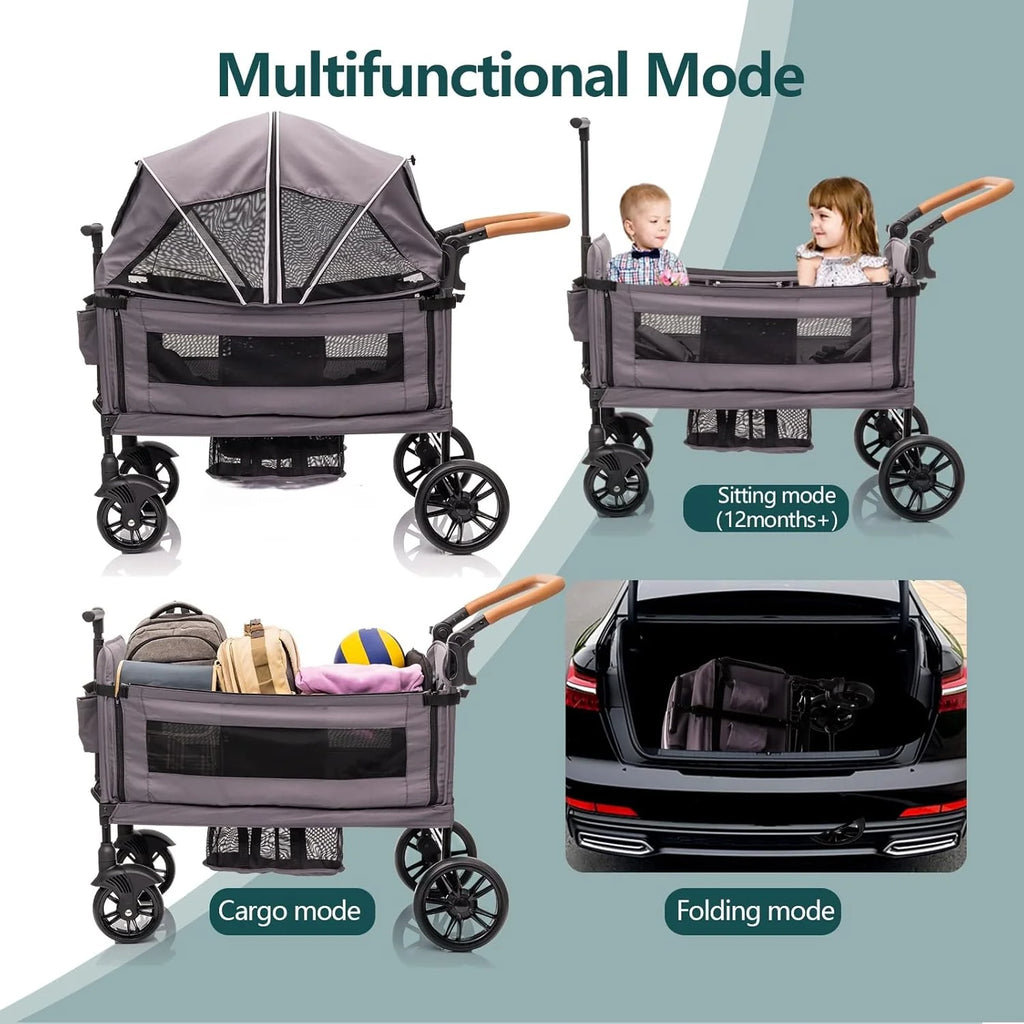 Wagon Stroller for 2 Kids & Cargo-Travel Stroller Push-Pull Double Wagon Lightweight Folding Stroller for Newborn&Toddler with 5-Point Harness,Adjustable Handle Bar and Canopy,Tray Table,Cup Holder