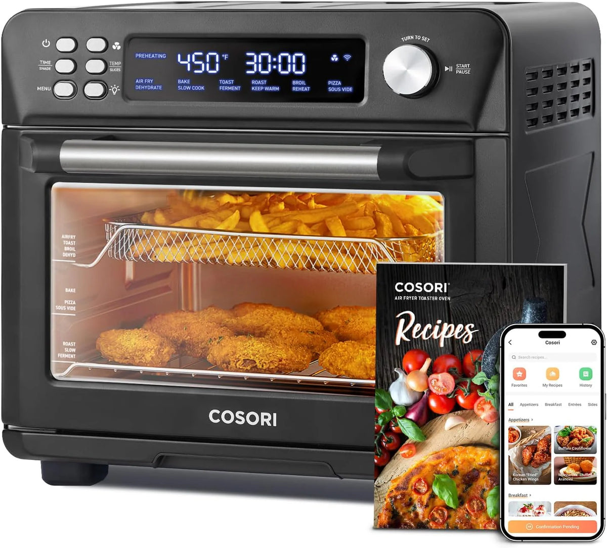COSORI Smart 12-in-1 Air Fryer Toaster Oven Combo, Airfryer Convection Oven Countertop, Bake, Roast, Reheat, Broiler, Dehydrate, 75 Recipes & 3 Accessories, 26QT, Silver-Stainless Steel