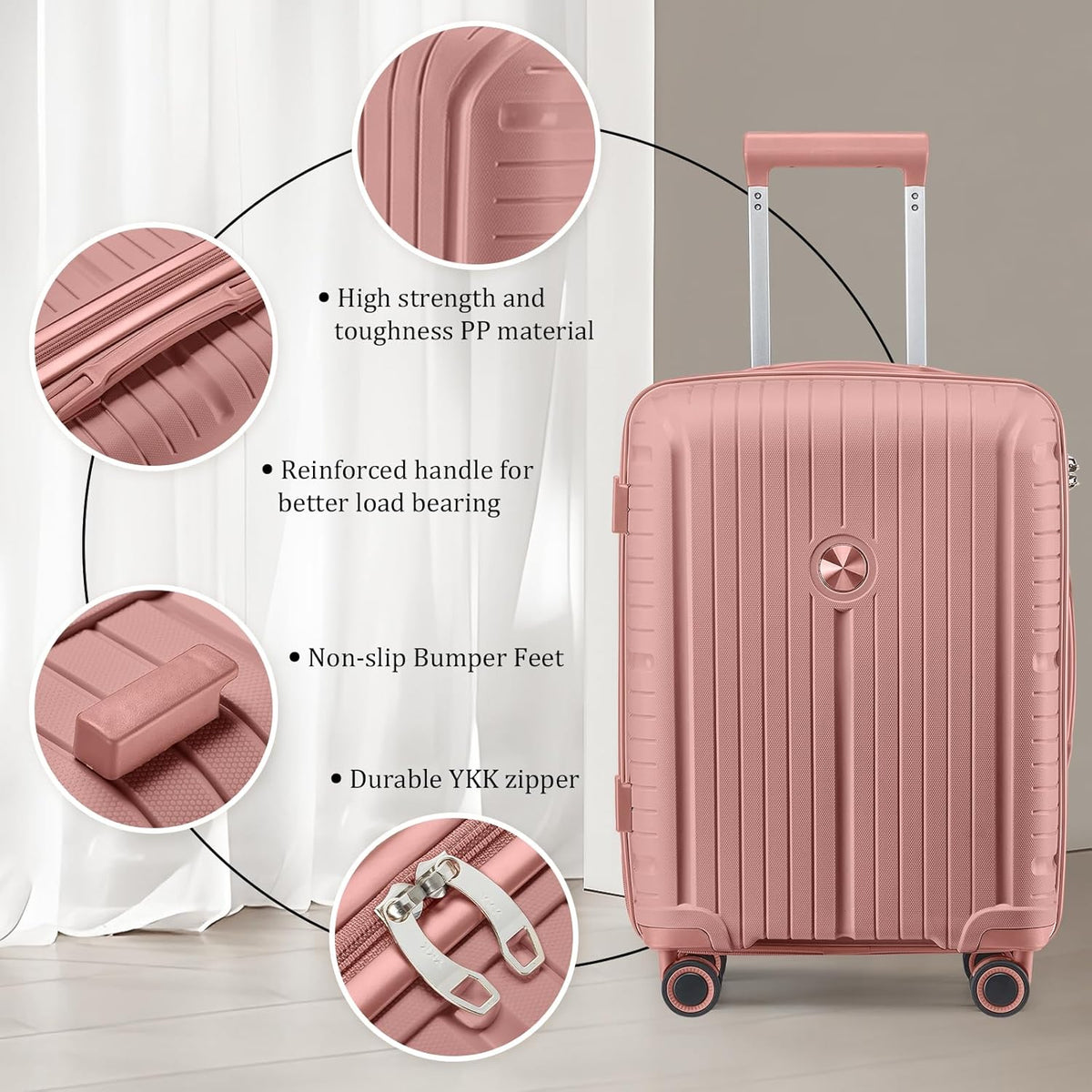 5-piece PP hardshell lightweight travel carry-on luggage set with dual spinner wheels and TSA lock