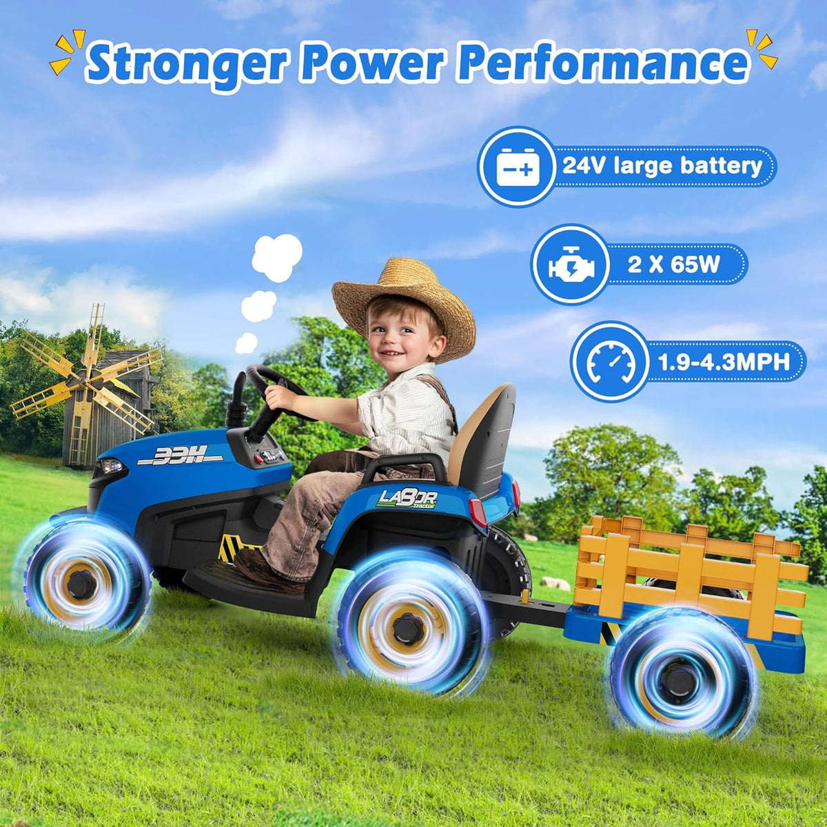 24V Ride On Tractor w/Tiltable & Detachable Trailer, 2x65W Motors, EVA Tires, Remote Control, Bluetooth, Shifter, Music, Electric Car for Kids, Green