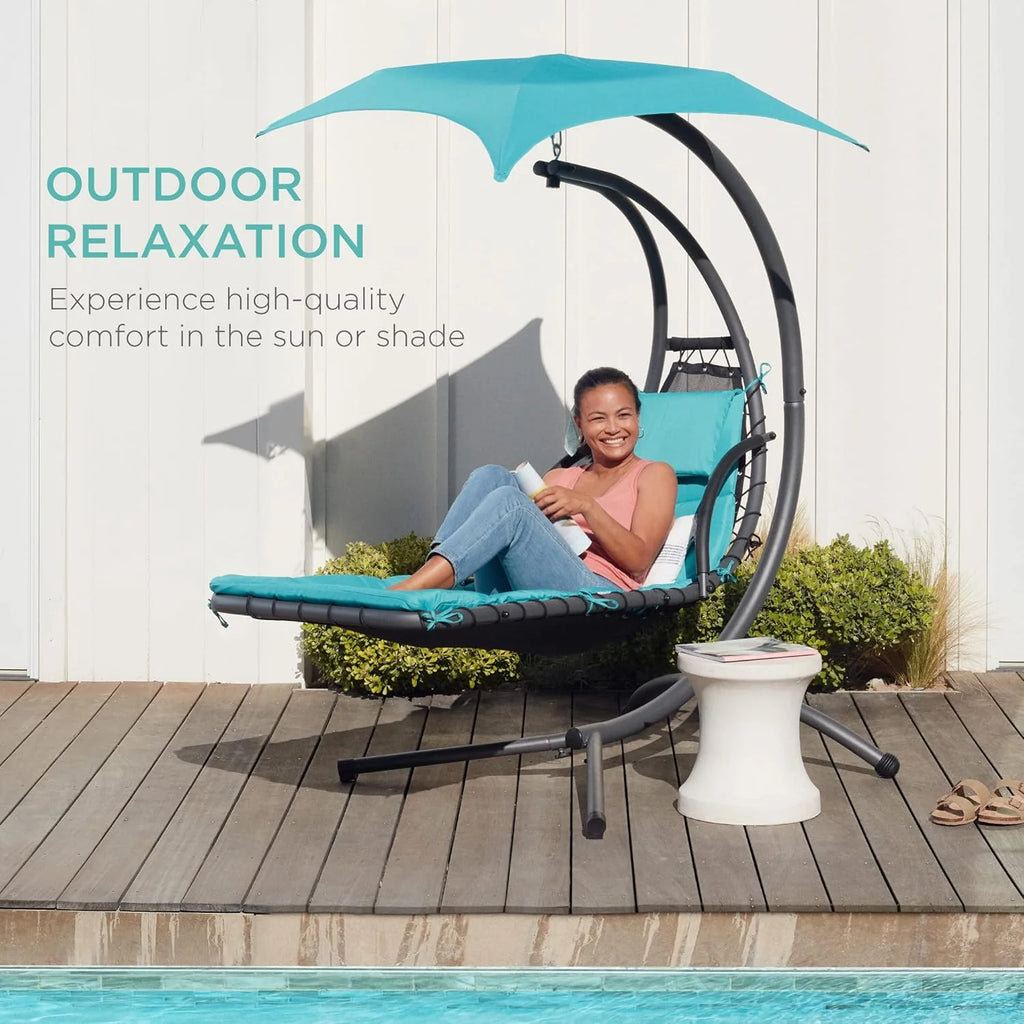 Best Choice Products Outdoor Hanging Curved Steel Chaise Lounge Chair Swing w/Built-in Pillow and Removable Canopy - Teal