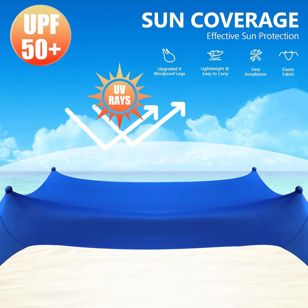 Beach Tent Sun Shelter, 10 x 10 FT Beach Canopy Tent Sun Shade Heavy Duty, UPF50+ Beach Tent Canopy with 8 Sandbags & 4 Stability Poles, Outdoor Beach Shade Canopy for Camping and Fishing, Blue