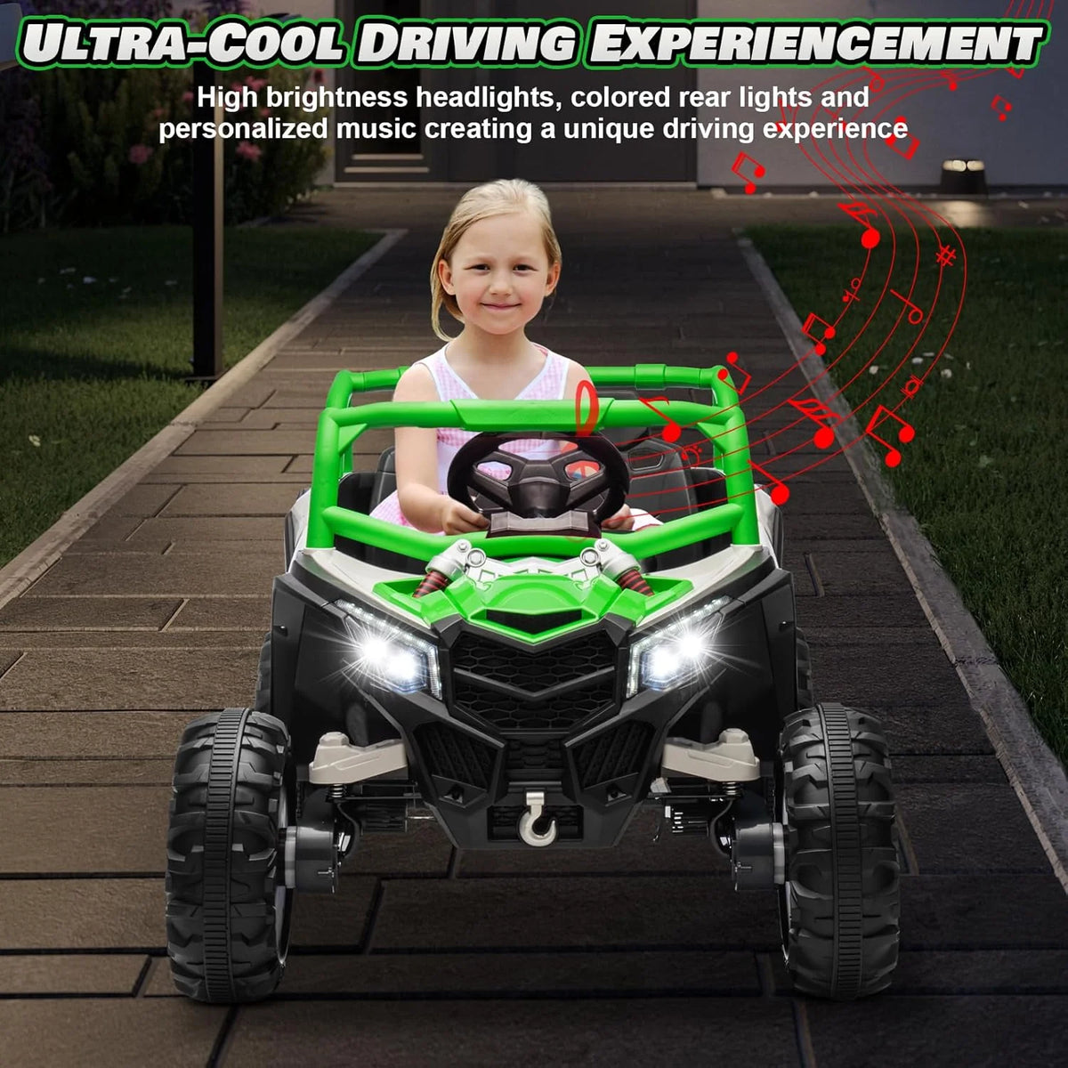 JOYRACER Kids Remote Control Car with 4 x 150W Motors, Shock Absorbers, Bluetooth, MP3 Player, and Headlights