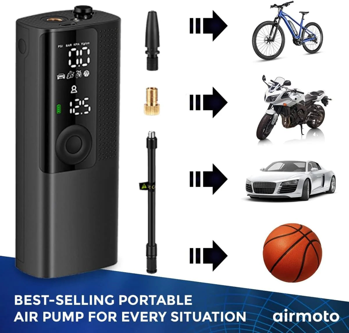 Airmoto Tire Inflator Portable Air Compressor Car Tire Air Pump with Digital Pressure Gauge, LED Light and Auto Shutoff