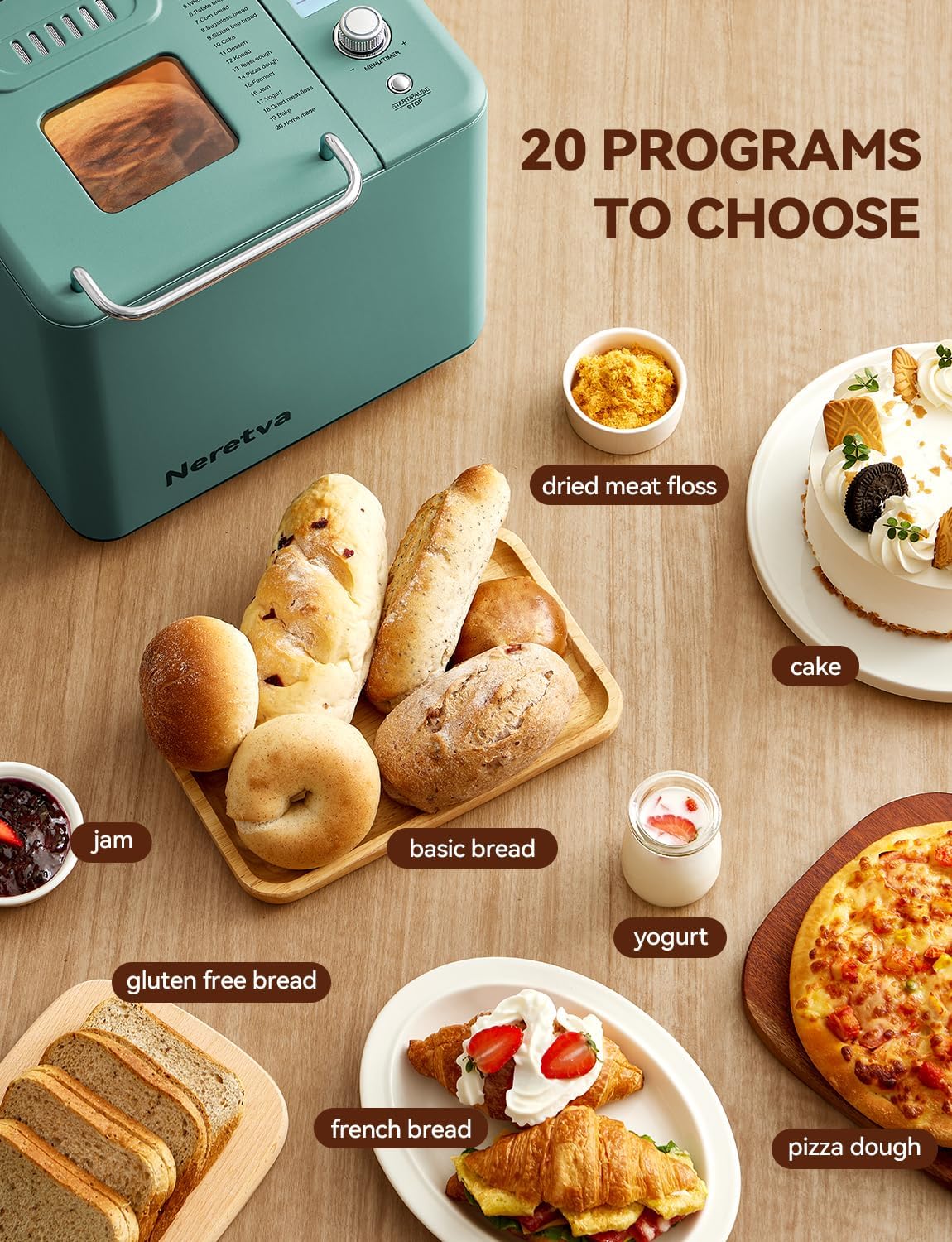 Neretva Bread Maker, 20-in-1 2LB Bread Maker Dual Heater Bread Maker Automatic with Non-Stick Ceramic Pan