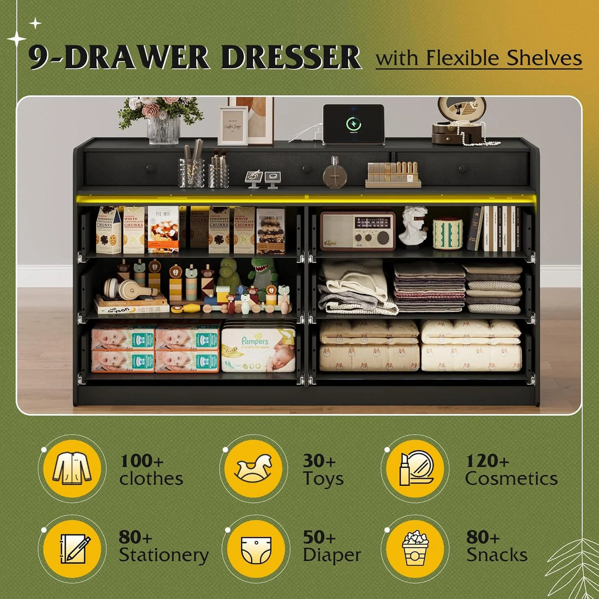 9 Drawer Led Dresser for Bedroom, 58.35'' Wide Wood Dresser Storage Organizer with Power Outlets for 65'' TV, Dressers with Open Shelves
