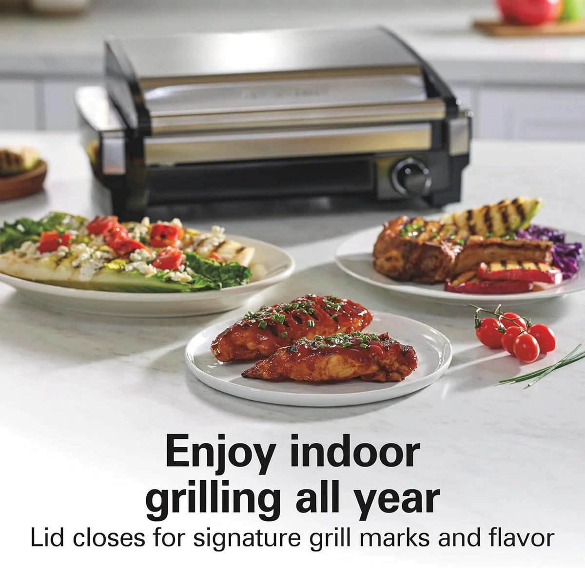 Indoor electric grill with viewing window, adjustable to 450��F, serves 6 people