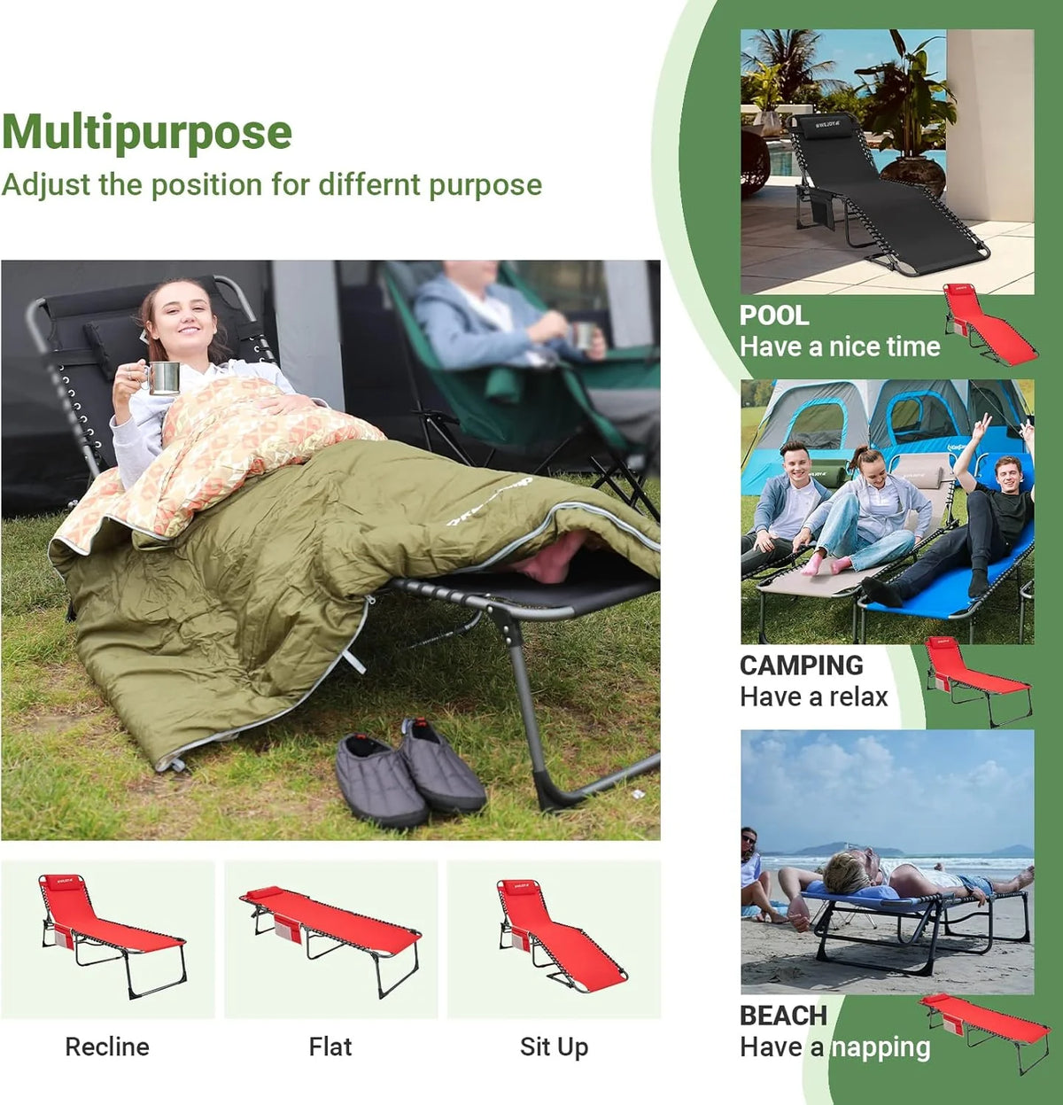 2 Pack Outdoor Chaise Lounge Chair - Portable Folding Patio Pool Lounge Chair, 5 Positions Adjustable Reclining Camping Chair with Side Table,Shoulder Strap, Pillow for Beach Sunbathing Lawn