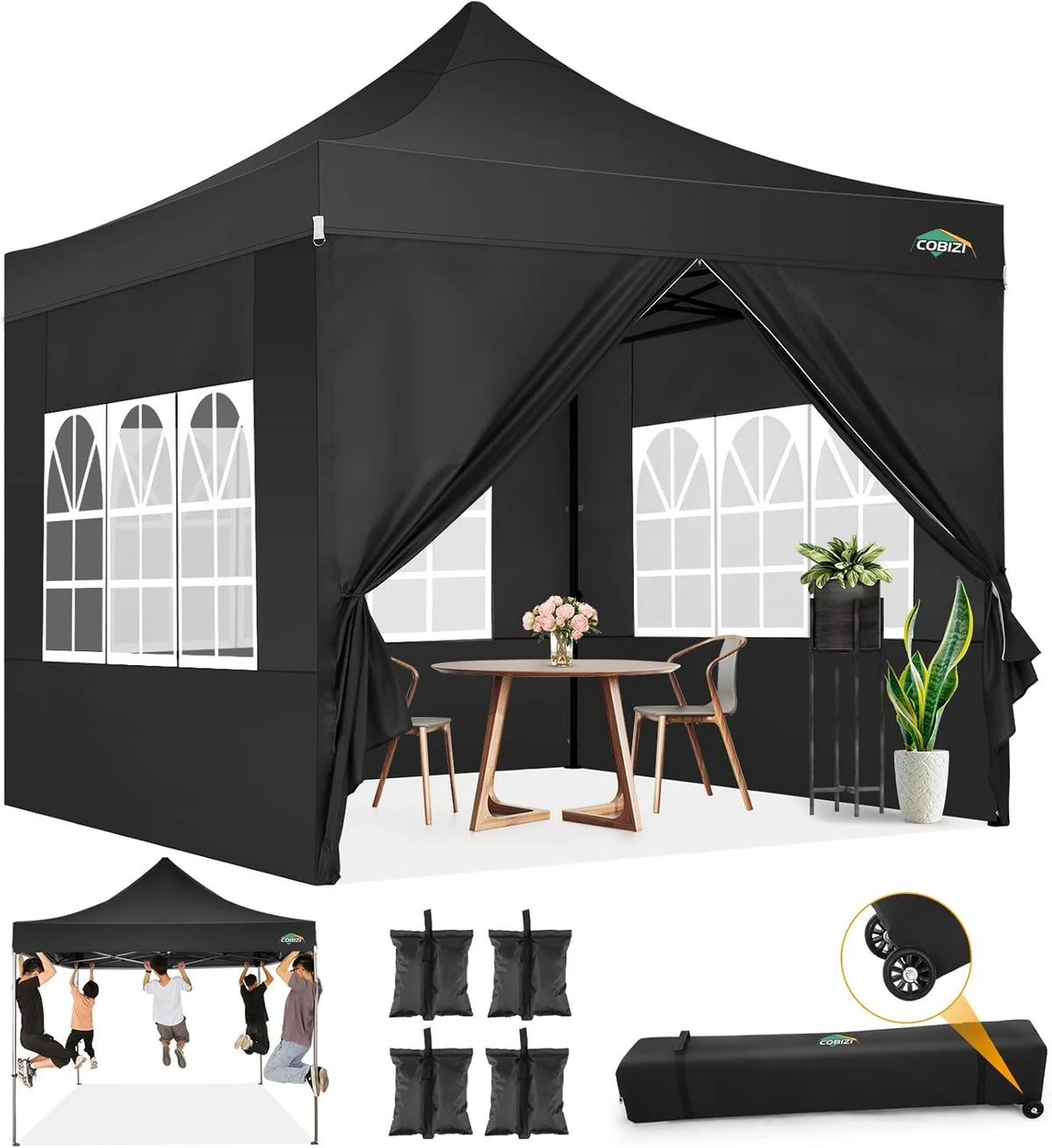 COBIZI 10x20 Heavy Duty Pop up Canopy Tent with 6 sidewalls Easy Up Commercial Outdoor Canopy Wedding Party Tents for Parties All Season Wind & Waterproof Gazebo with Roller Bag,Black(Frame Thickened)
